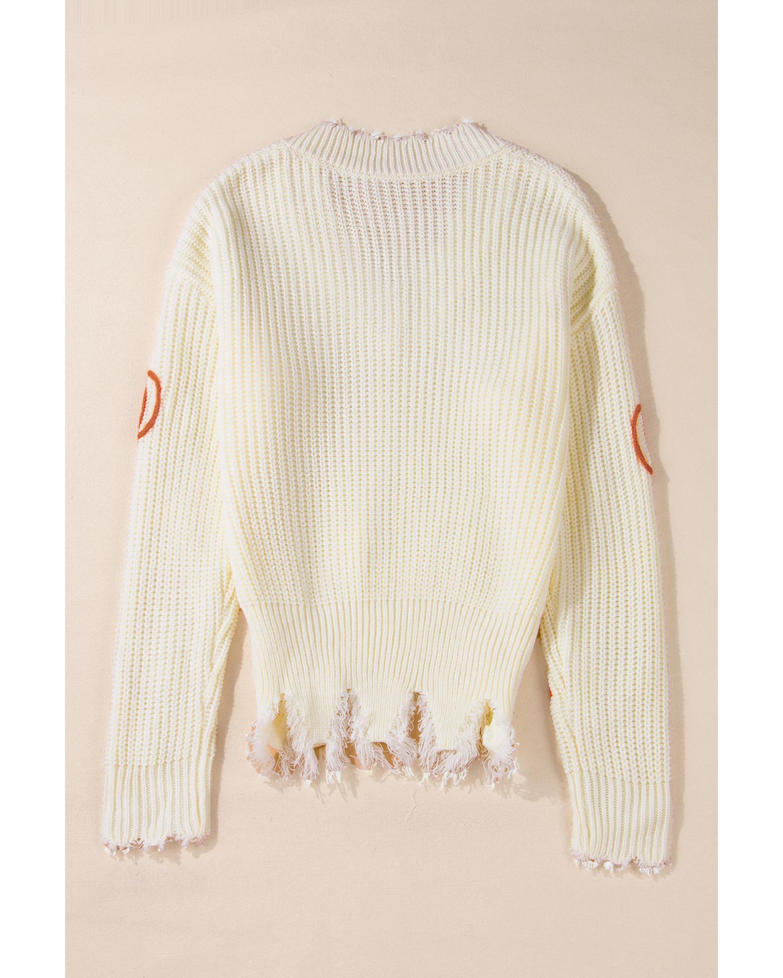Beige Cable Knit Pumpkin Raw Hem V Neck Loose Sweater - XL