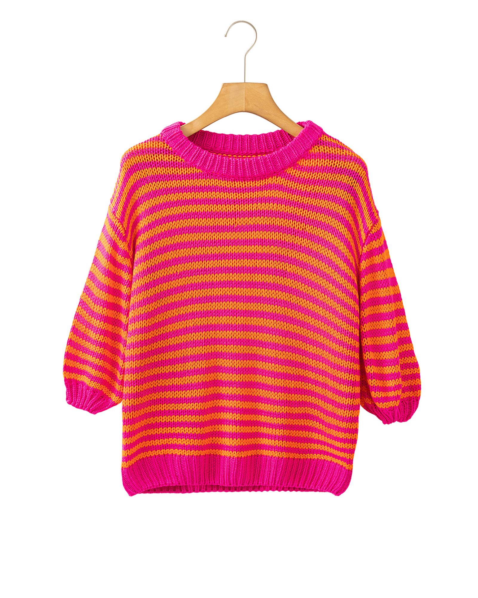 Rose Stripe 3/4 Puff Sleeve Drop Shoulder Sweater - L