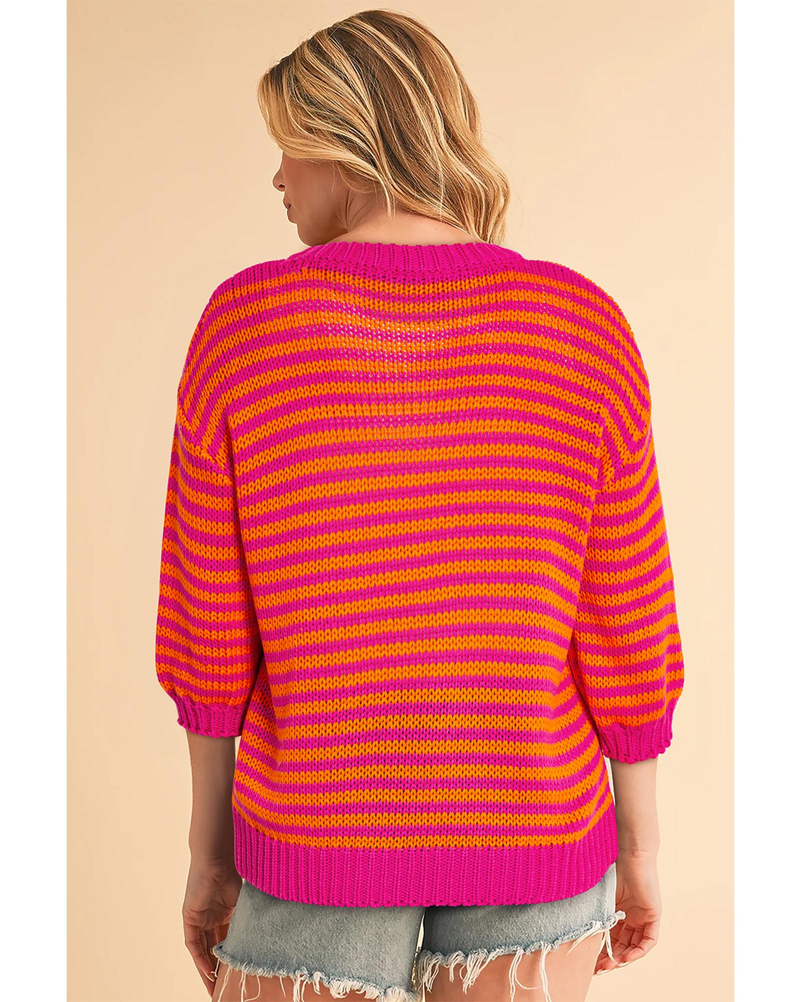 Rose Stripe 3/4 Puff Sleeve Drop Shoulder Sweater - M