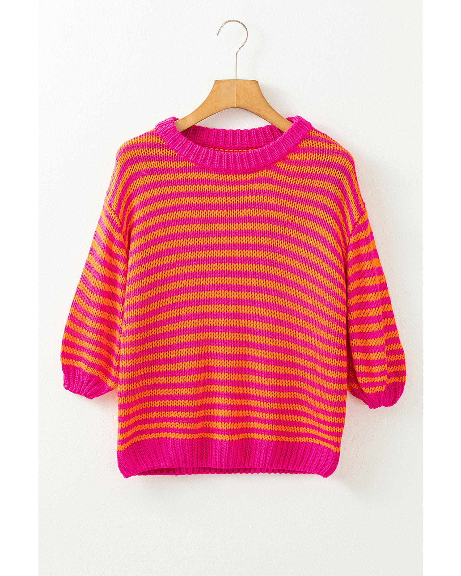 Rose Stripe 3/4 Puff Sleeve Drop Shoulder Sweater - M