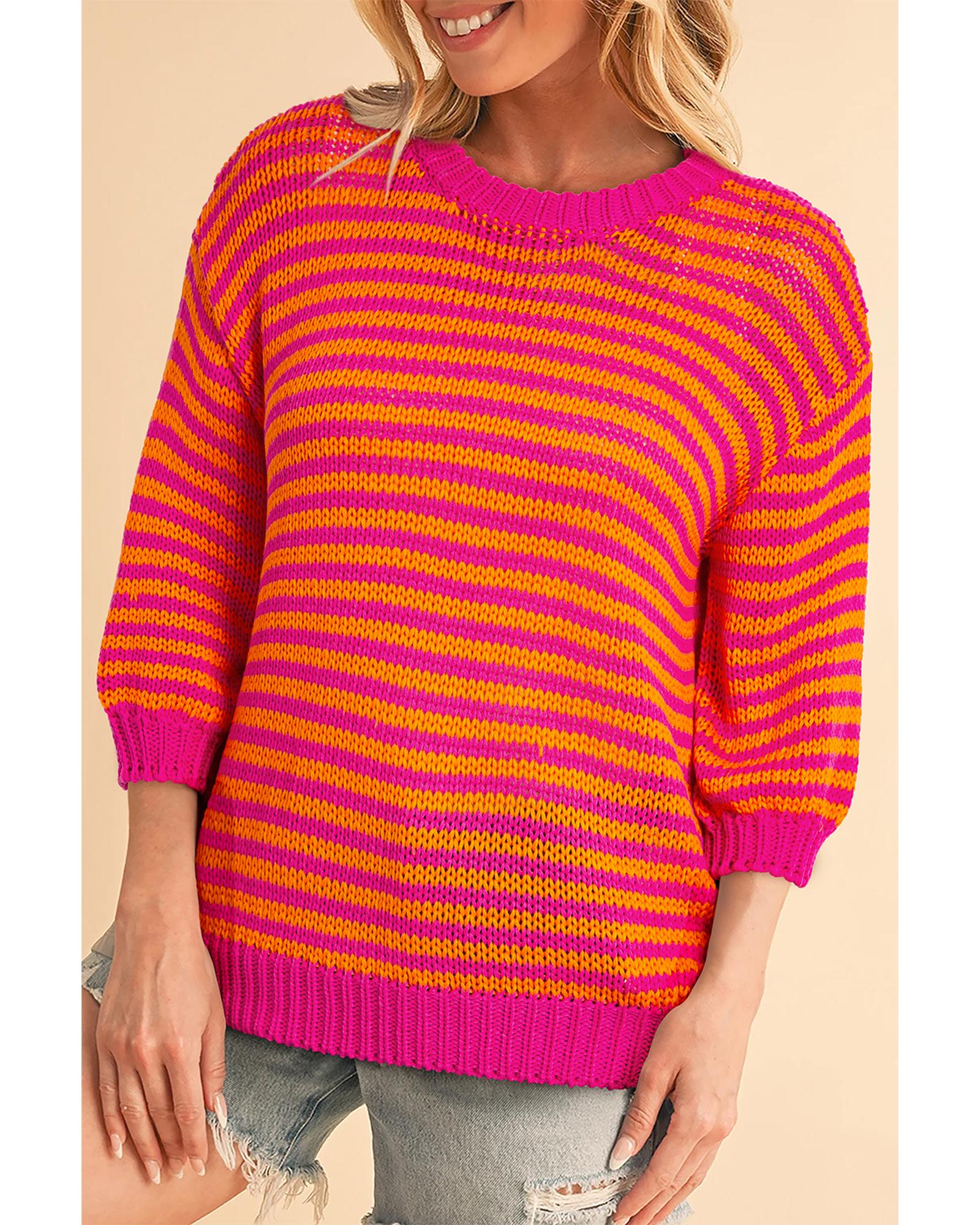 Rose Stripe 3/4 Puff Sleeve Drop Shoulder Sweater - S