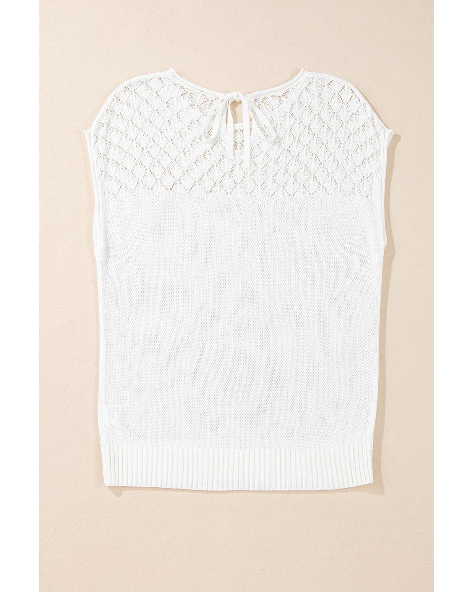 White Eyelet Knit Tied Back Short Sleeve Sweater - L