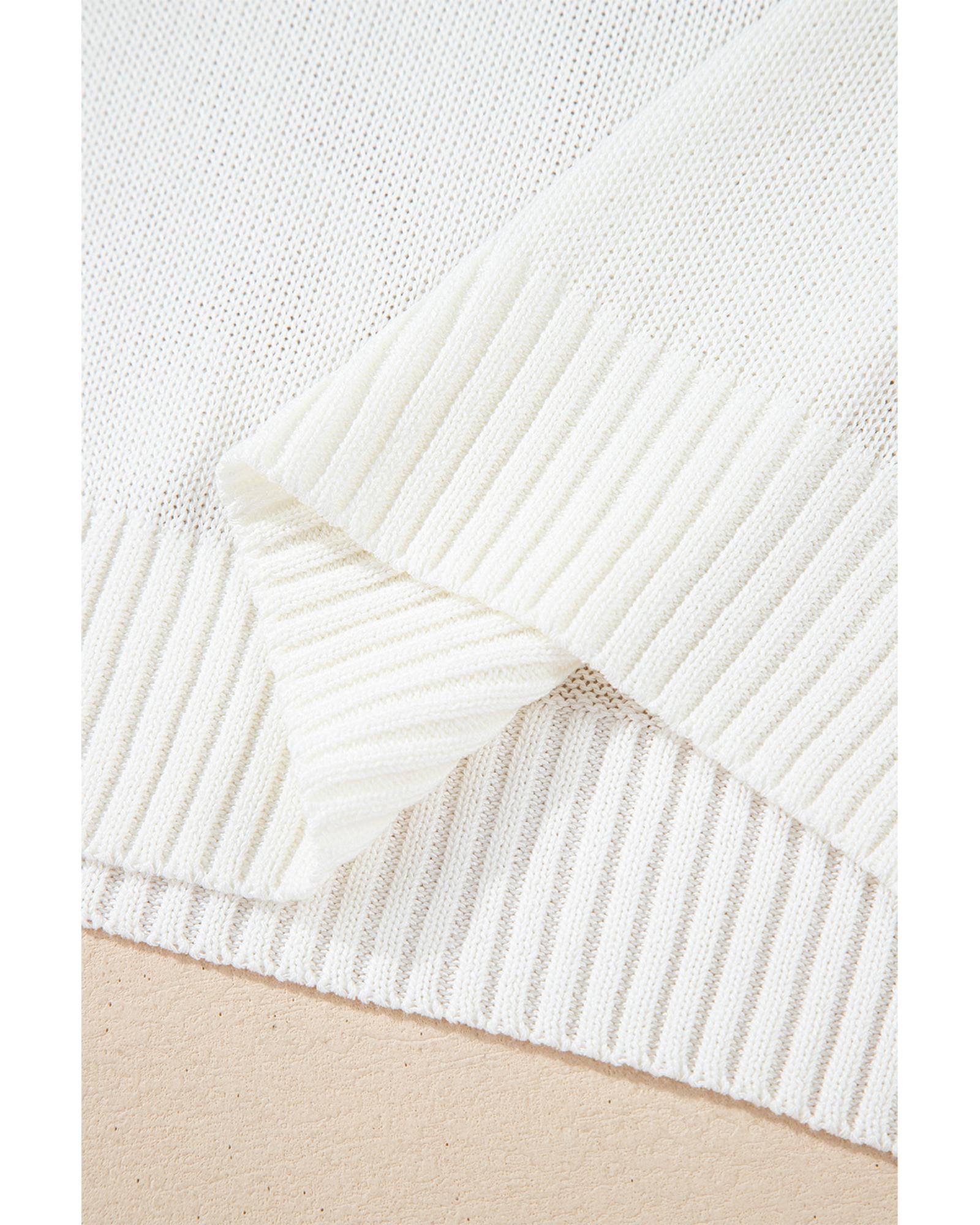 White Eyelet Knit Tied Back Short Sleeve Sweater - L