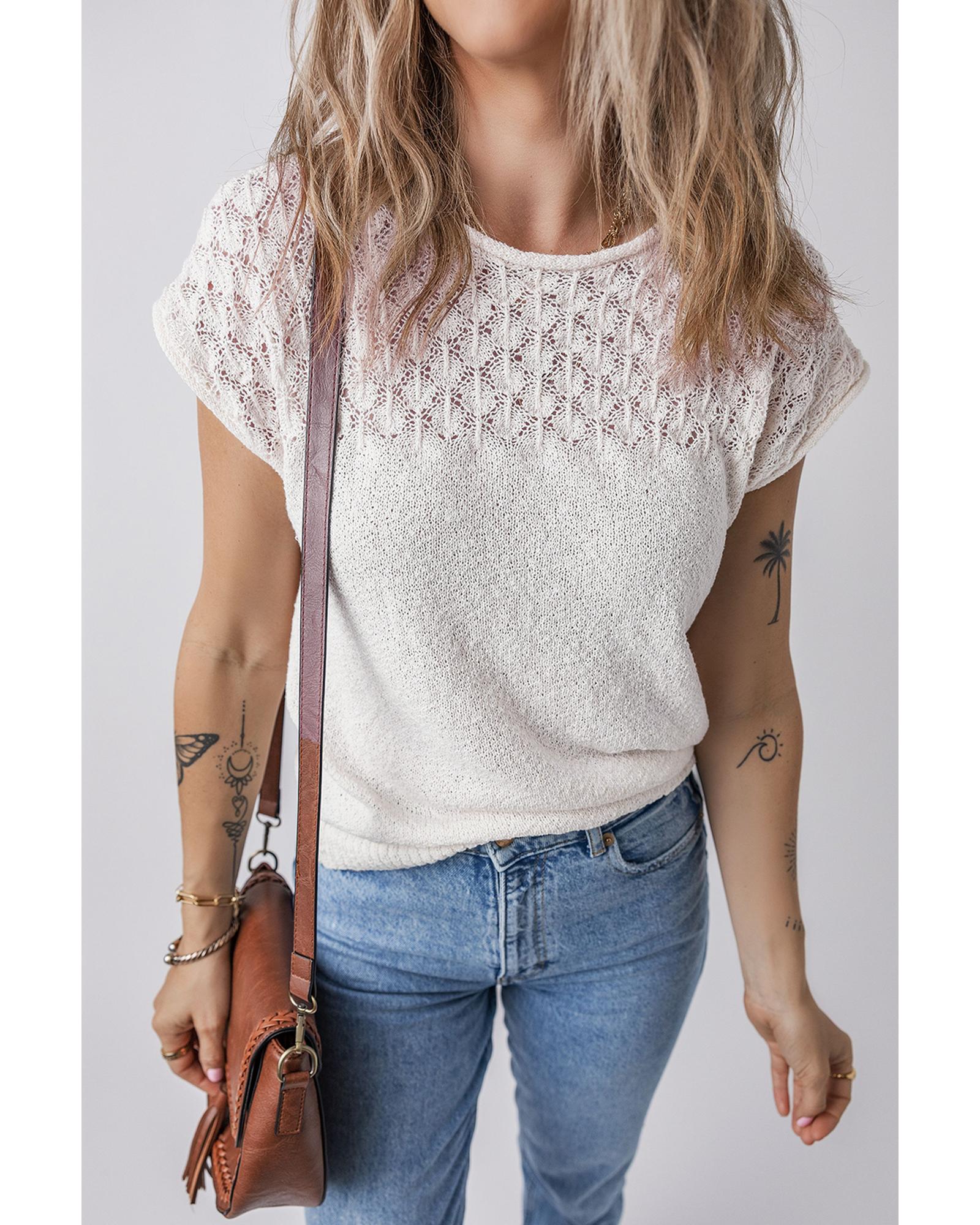 White Eyelet Knit Tied Back Short Sleeve Sweater - L