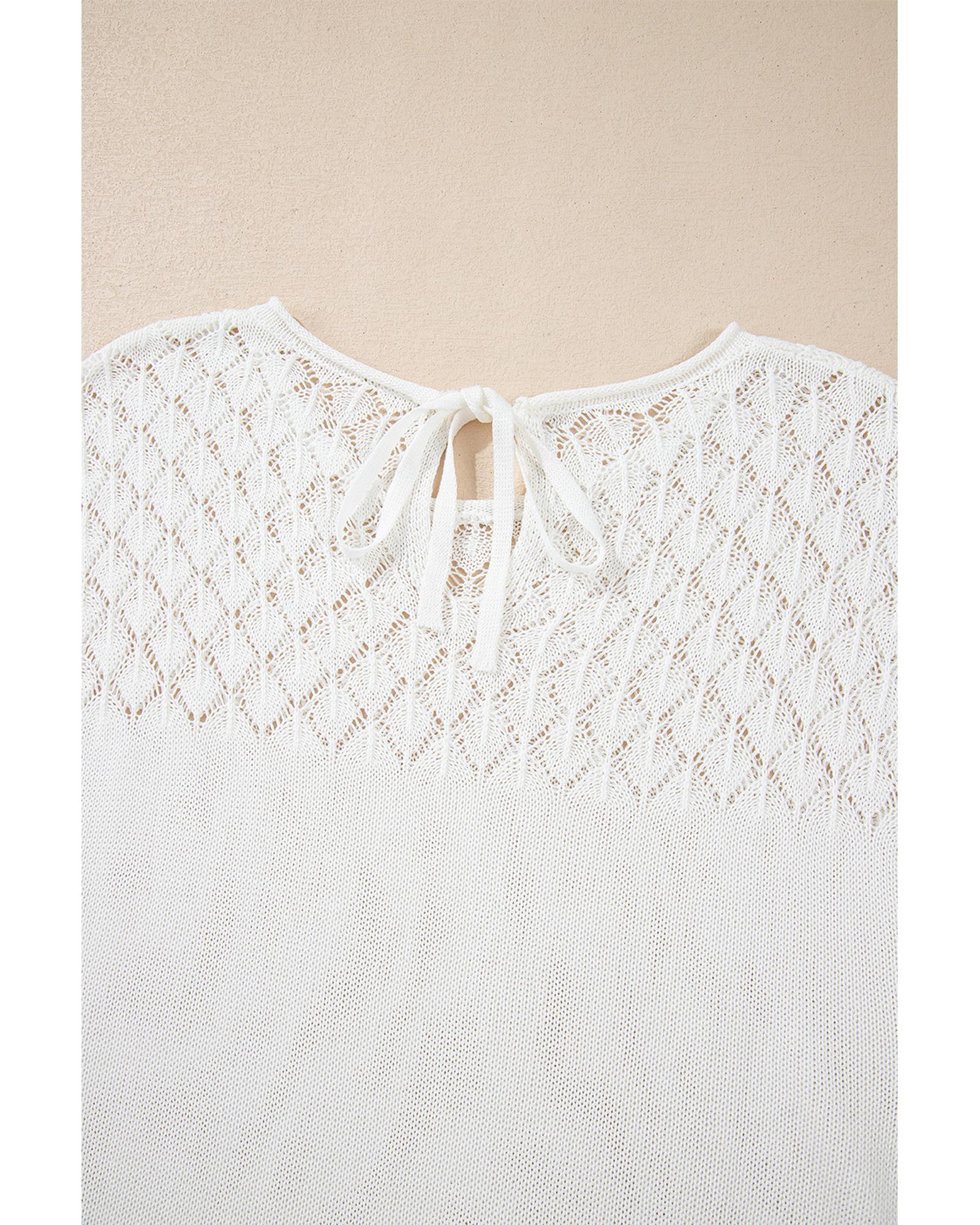White Eyelet Knit Tied Back Short Sleeve Sweater - M