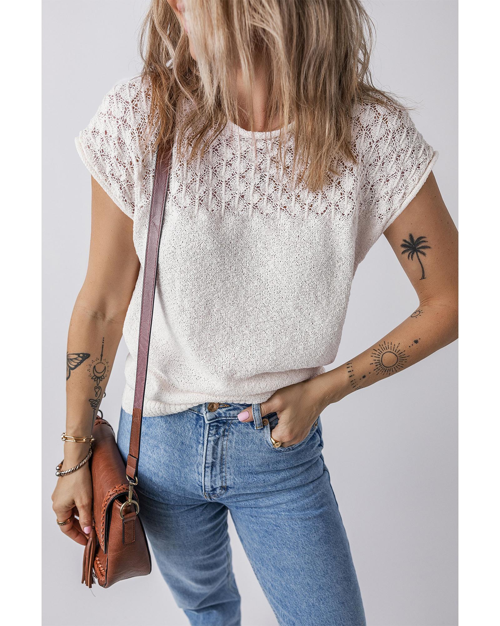 White Eyelet Knit Tied Back Short Sleeve Sweater - S