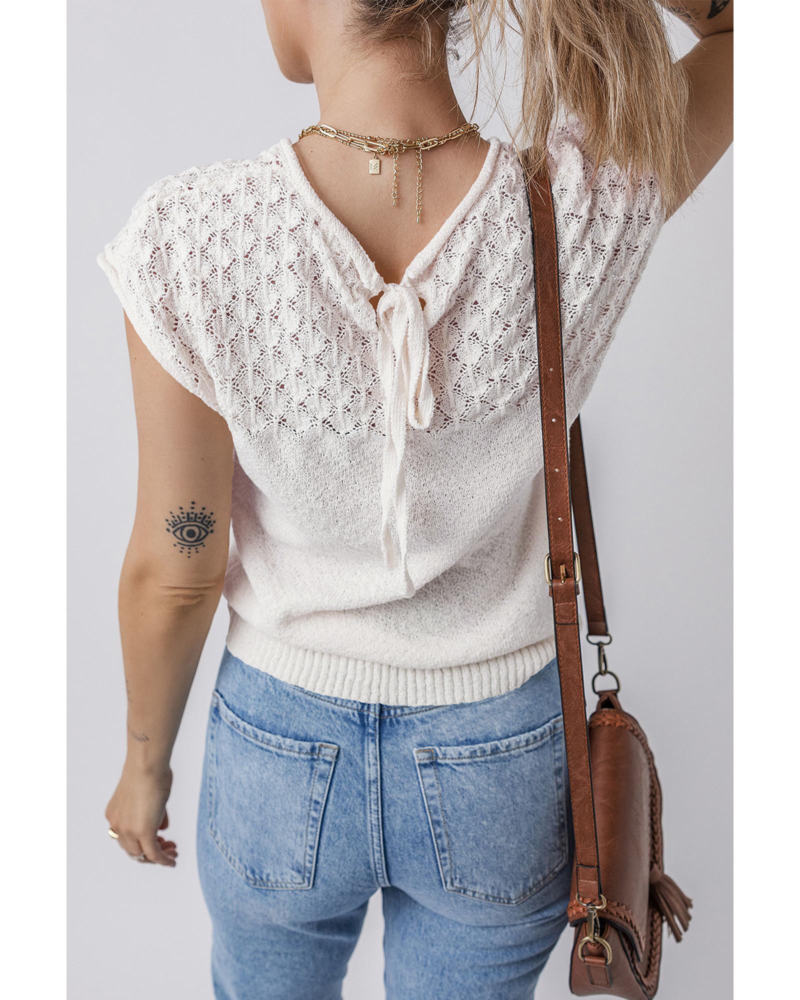 White Eyelet Knit Tied Back Short Sleeve Sweater - S