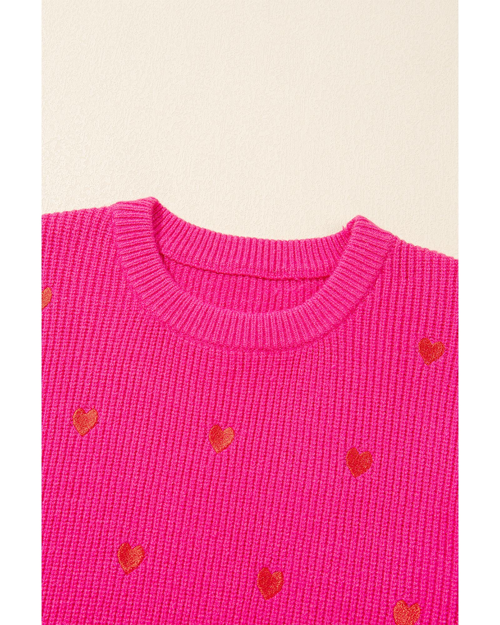 Rose Red Heart Shape Drop Shoulder Round Neck Sweater - L