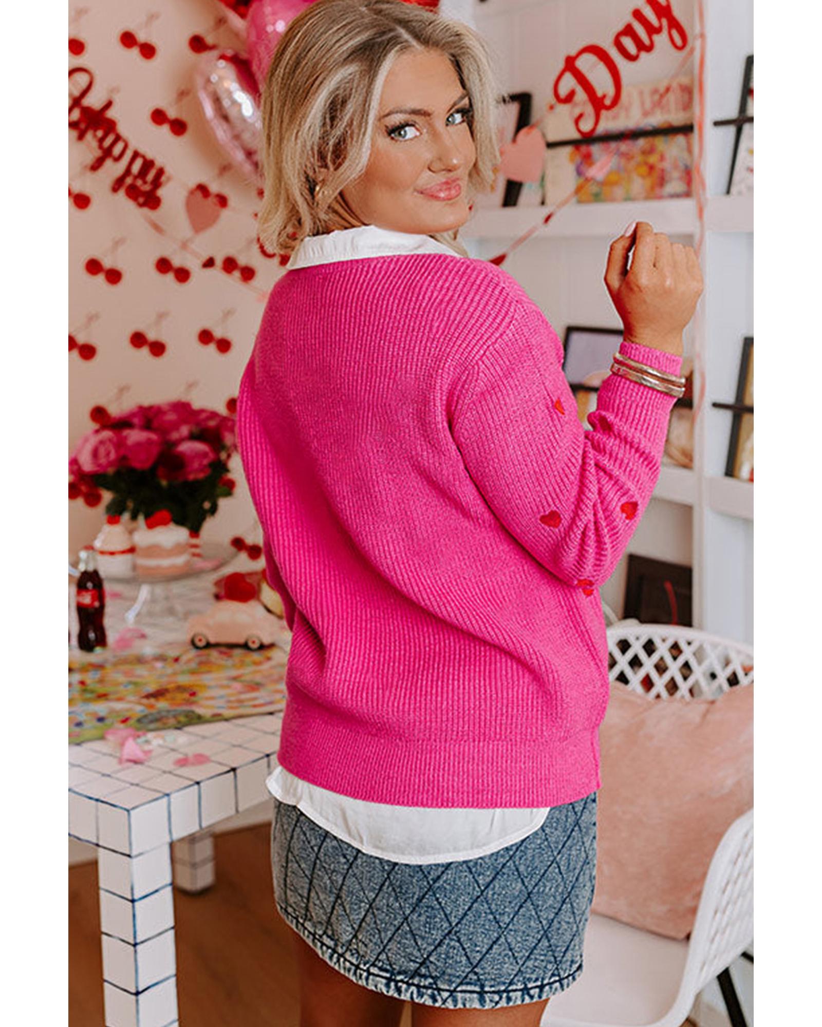 Rose Red Heart Shape Drop Shoulder Round Neck Sweater - M