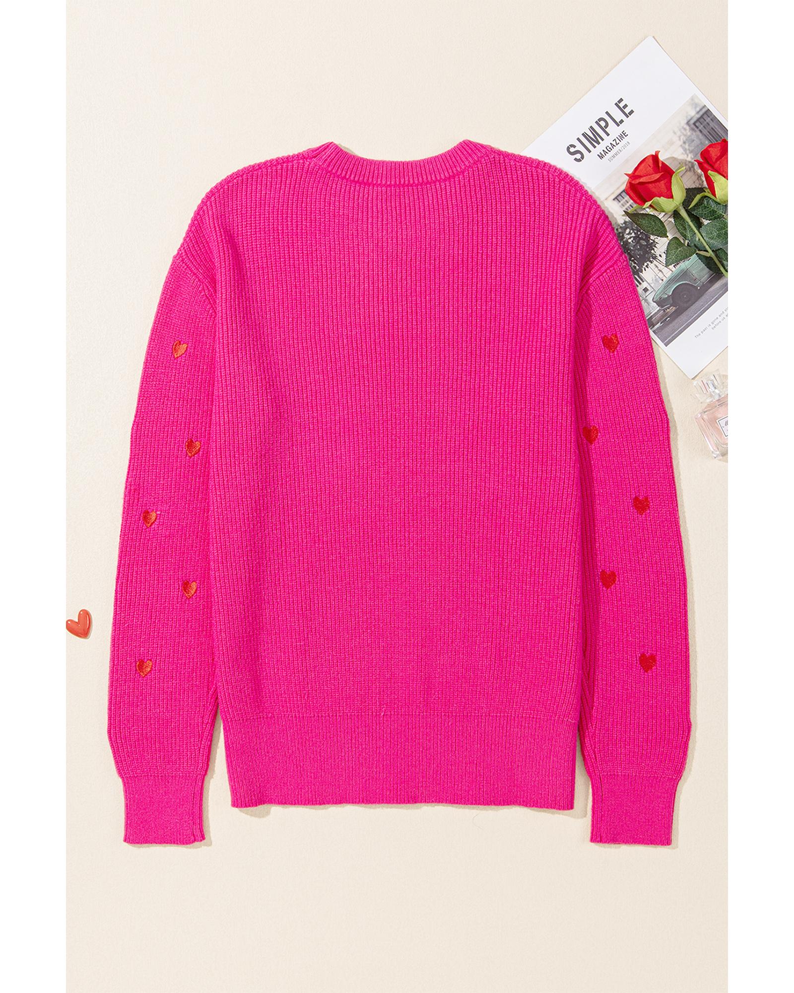 Rose Red Heart Shape Drop Shoulder Round Neck Sweater - M