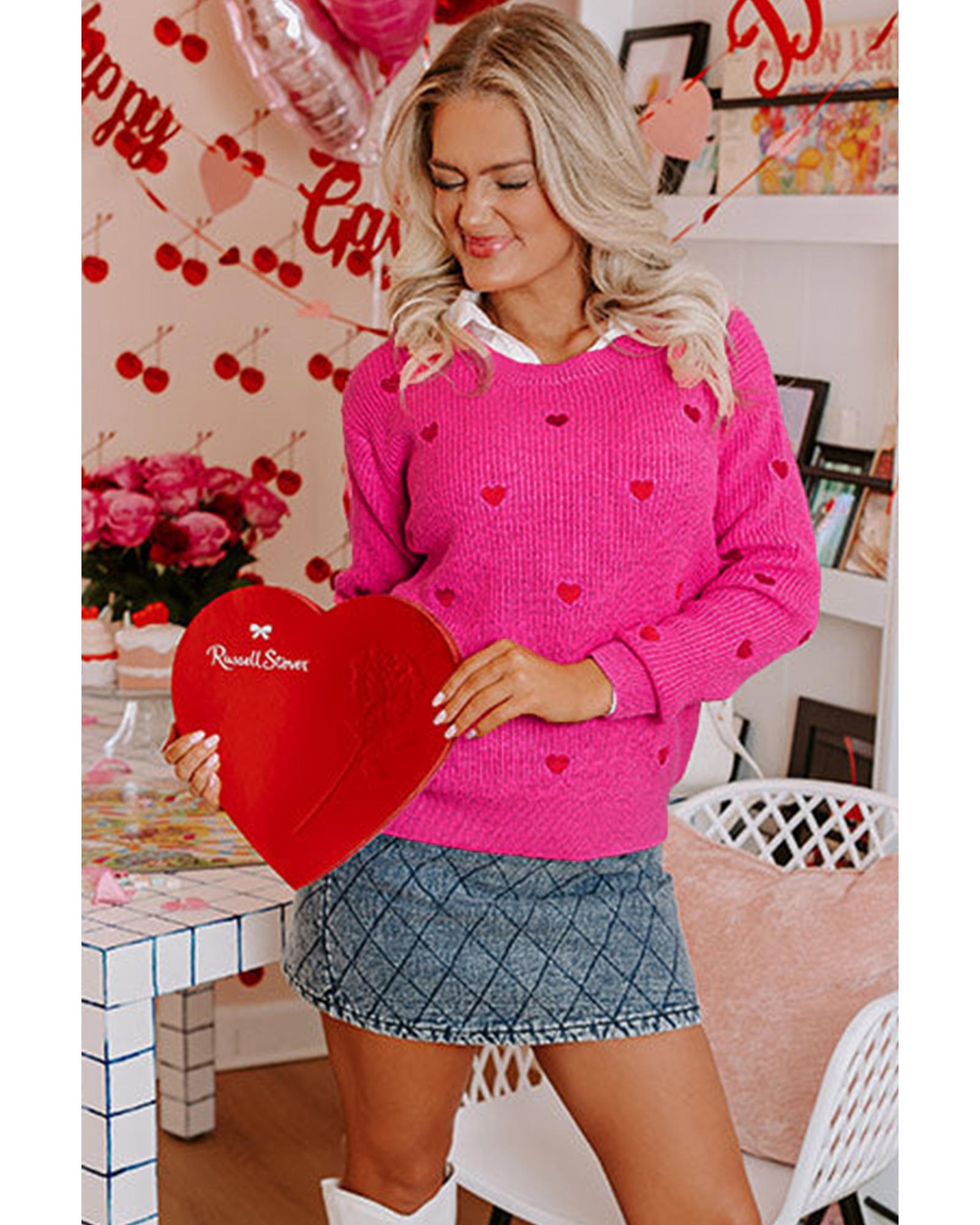 Rose Red Heart Shape Drop Shoulder Round Neck Sweater - XL