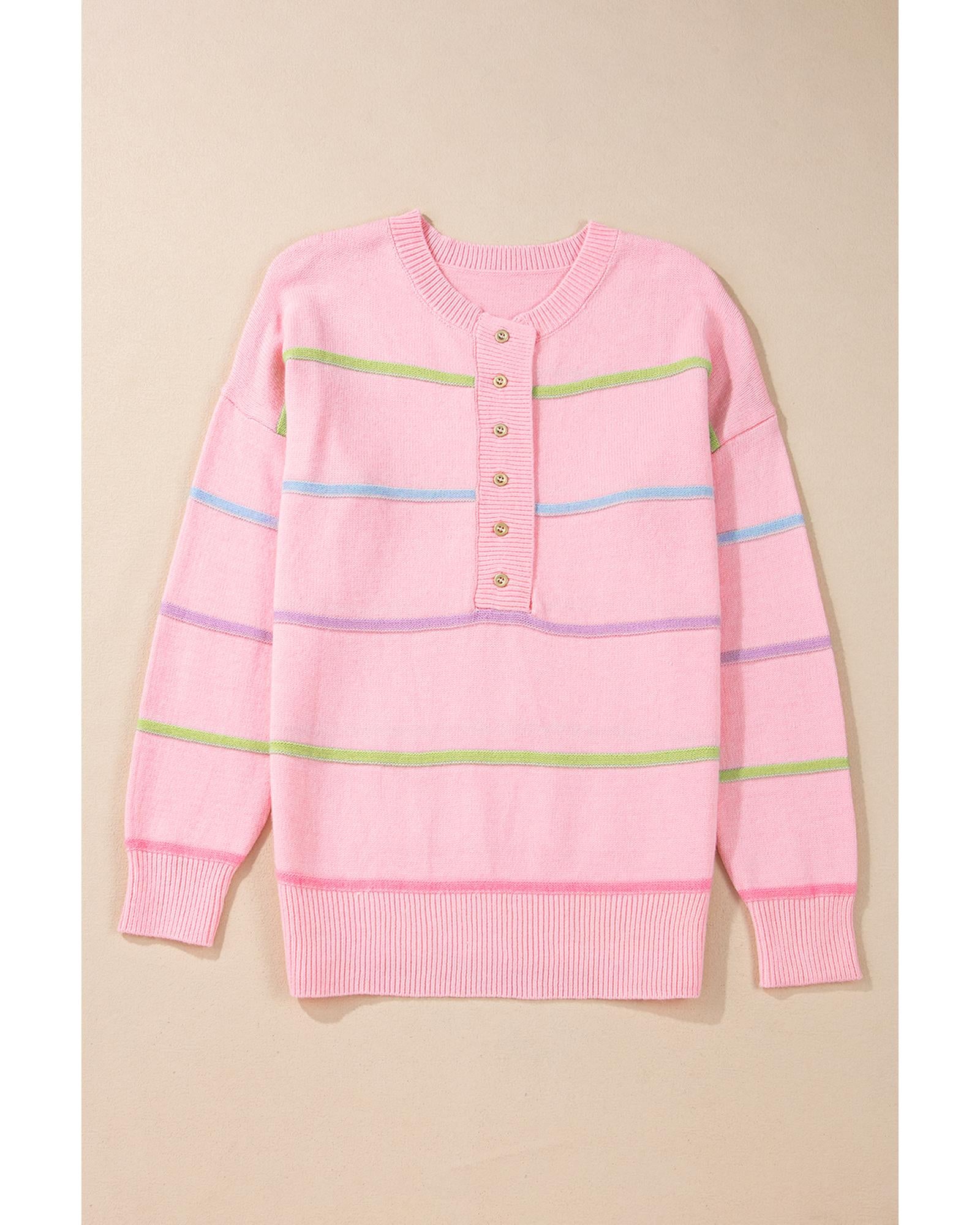 Pink Rainbow Stripes Drop Shoulder Baggy Henley Sweater - XL