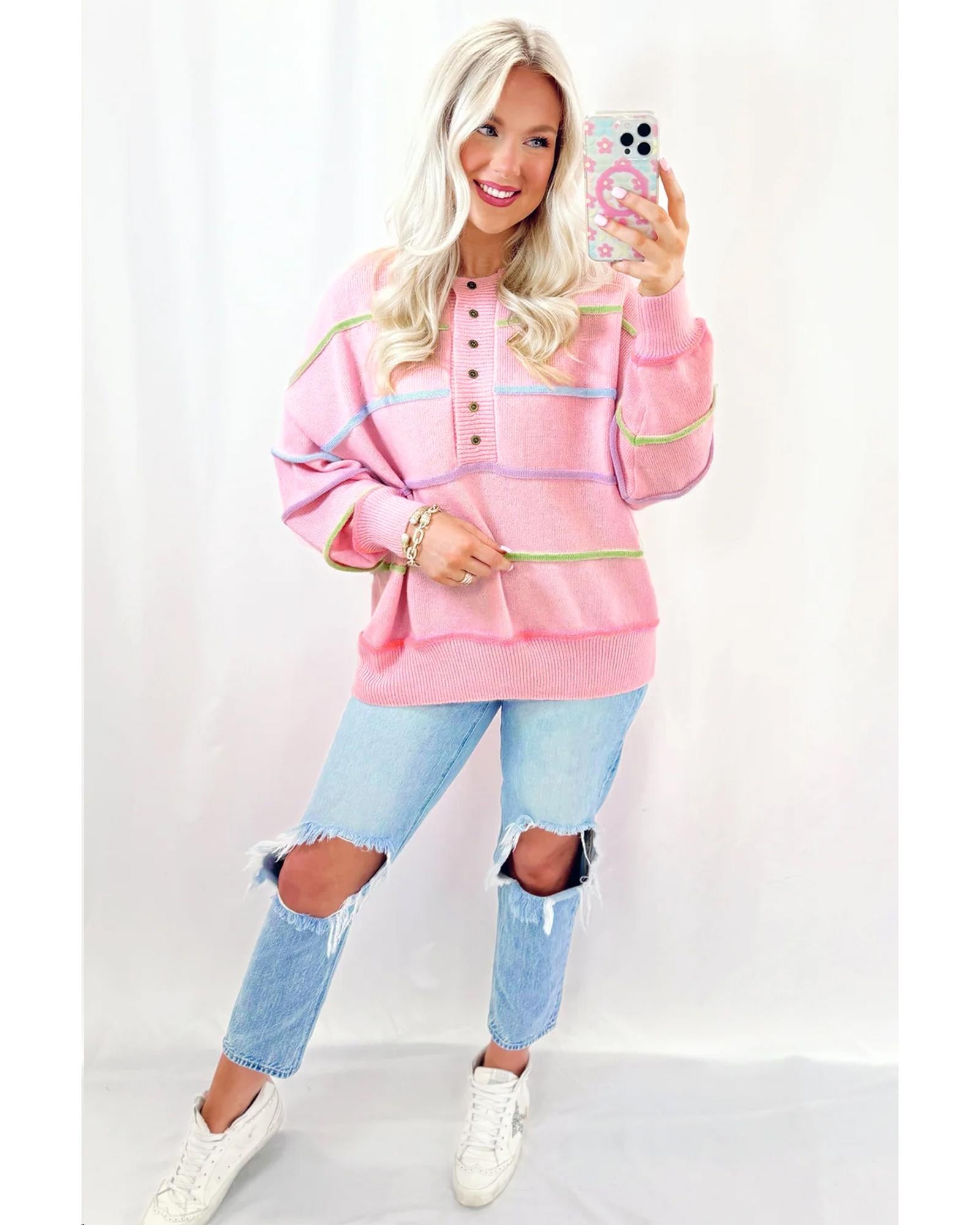 Pink Rainbow Stripes Drop Shoulder Baggy Henley Sweater - XL