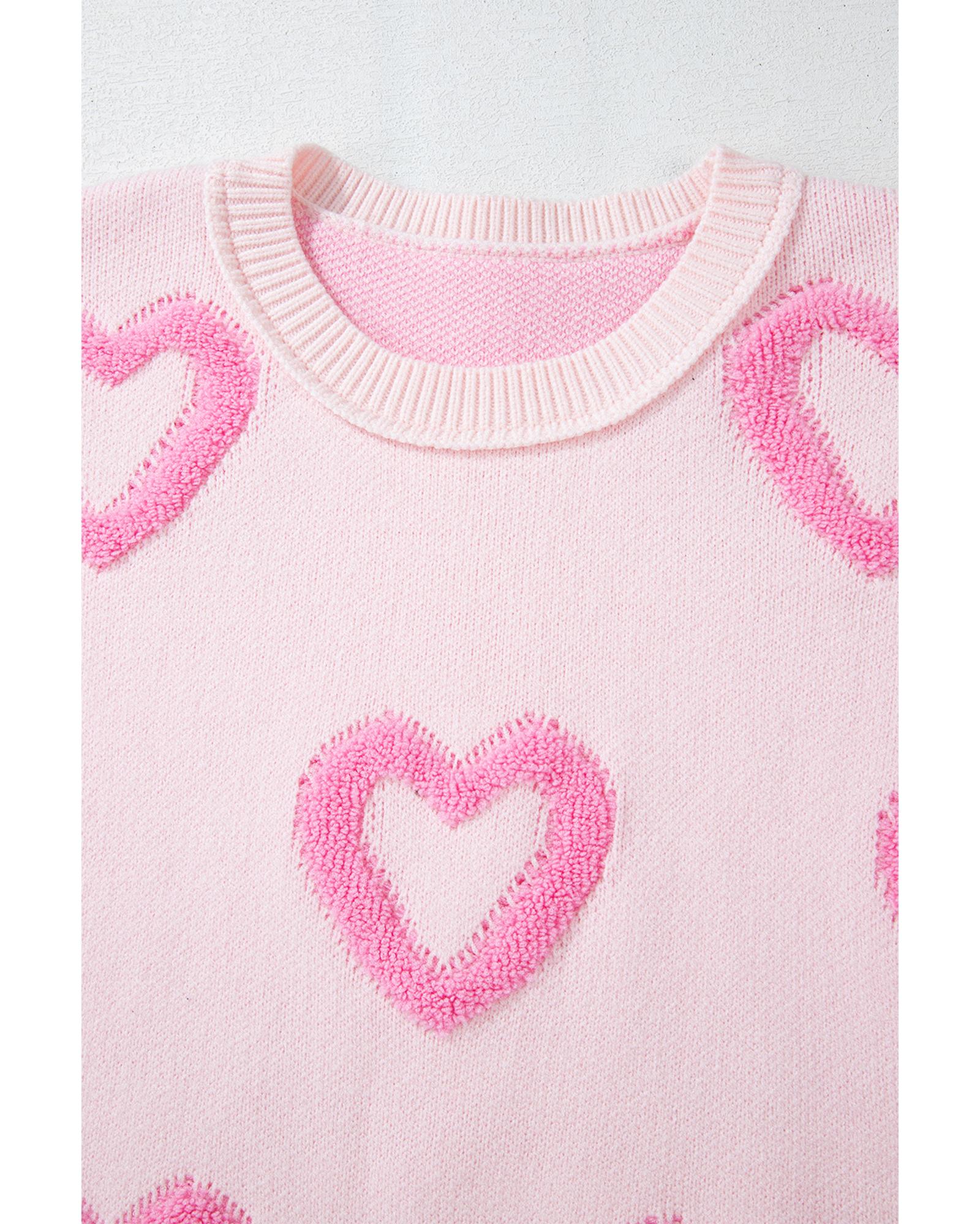 Pink Heart Shape Bubble Sleeve Baggy Sweater - L