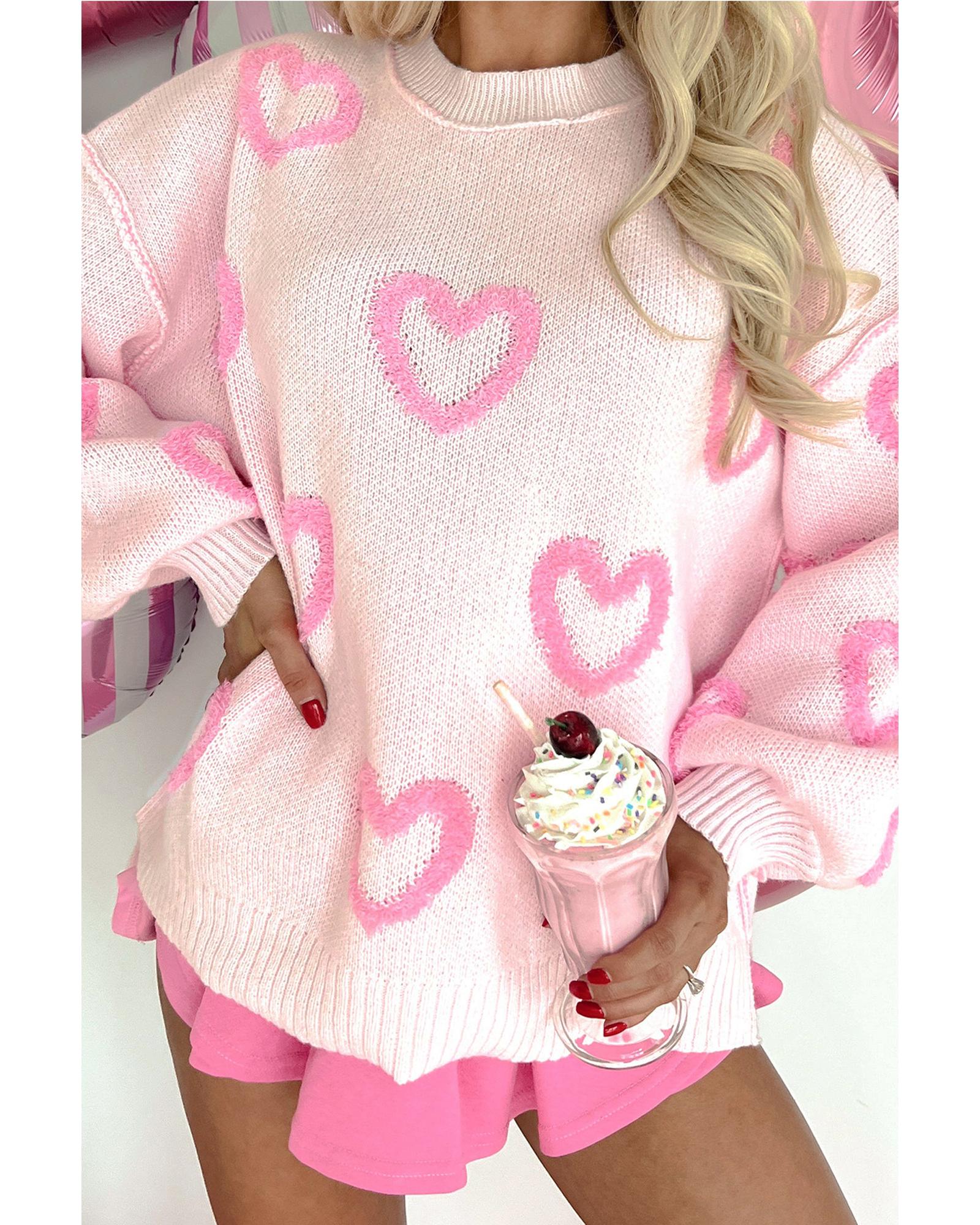 Pink Heart Shape Bubble Sleeve Baggy Sweater - L