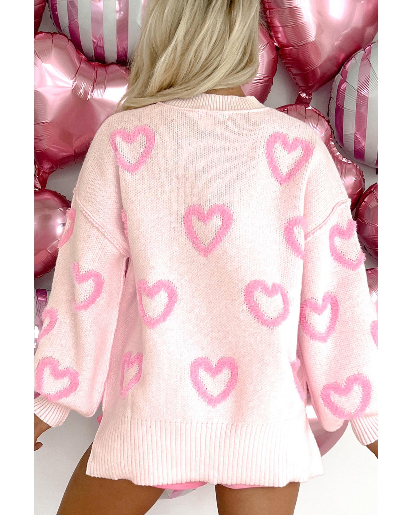 Pink Heart Shape Bubble Sleeve Baggy Sweater - XL