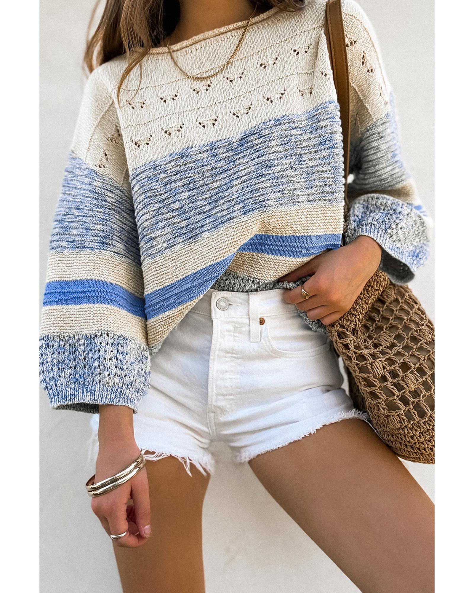 Light Blue Open Stitch Puff Sleeve Sweater - XL