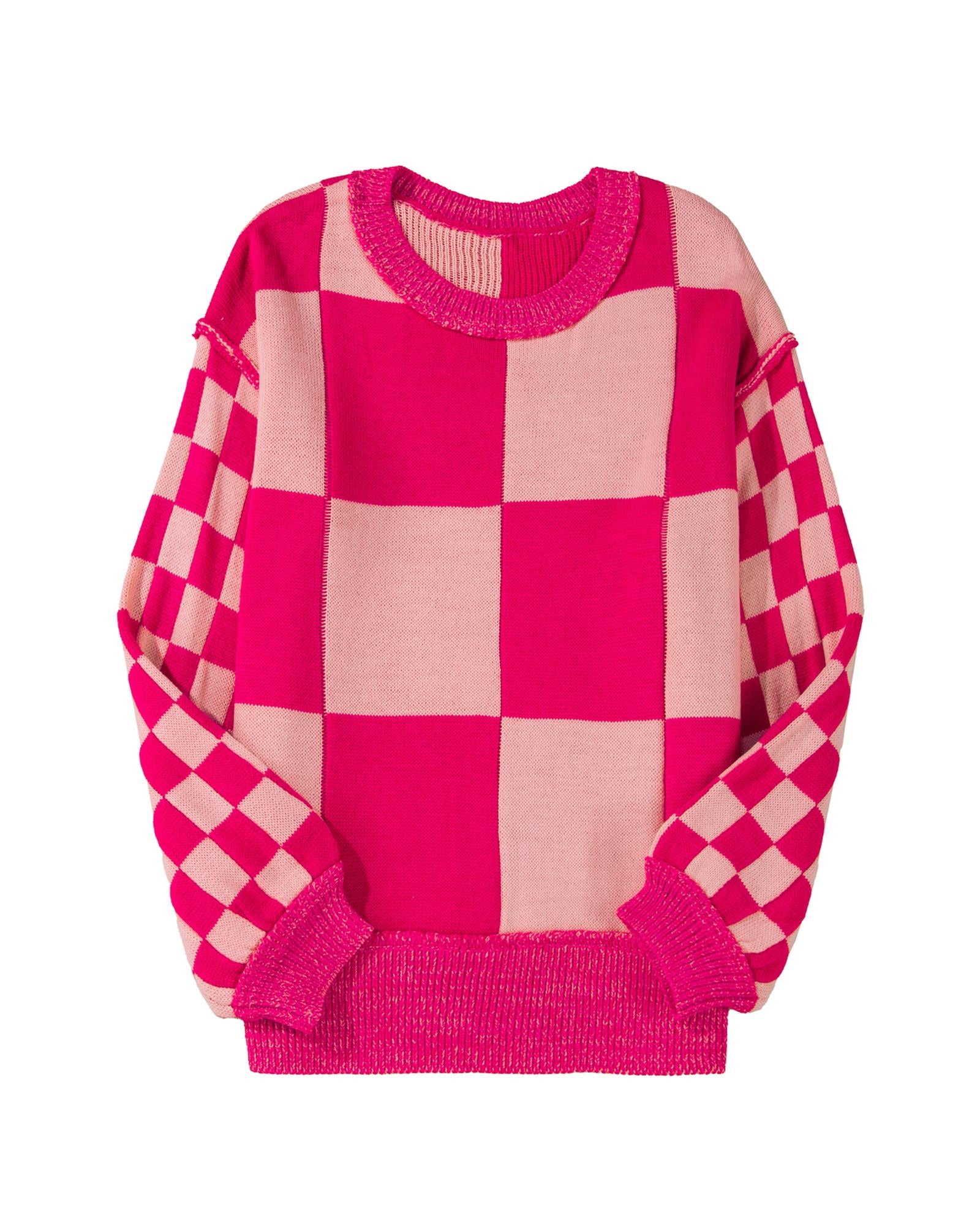 Rose Red Mixed Checkered Pattern Drop Shoulder Loose Sweater - L