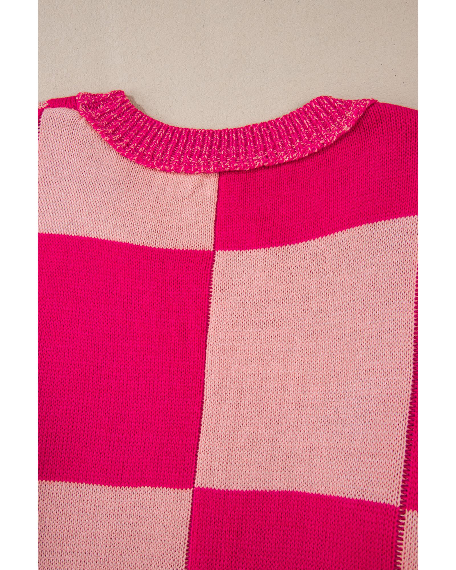 Rose Red Mixed Checkered Pattern Drop Shoulder Loose Sweater - M
