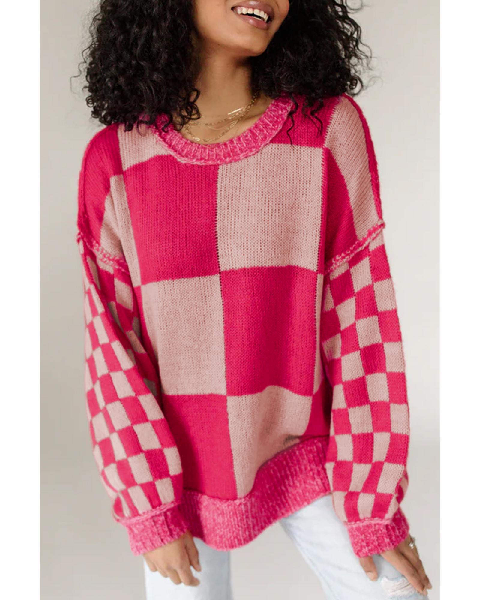 Rose Red Mixed Checkered Pattern Drop Shoulder Loose Sweater - S