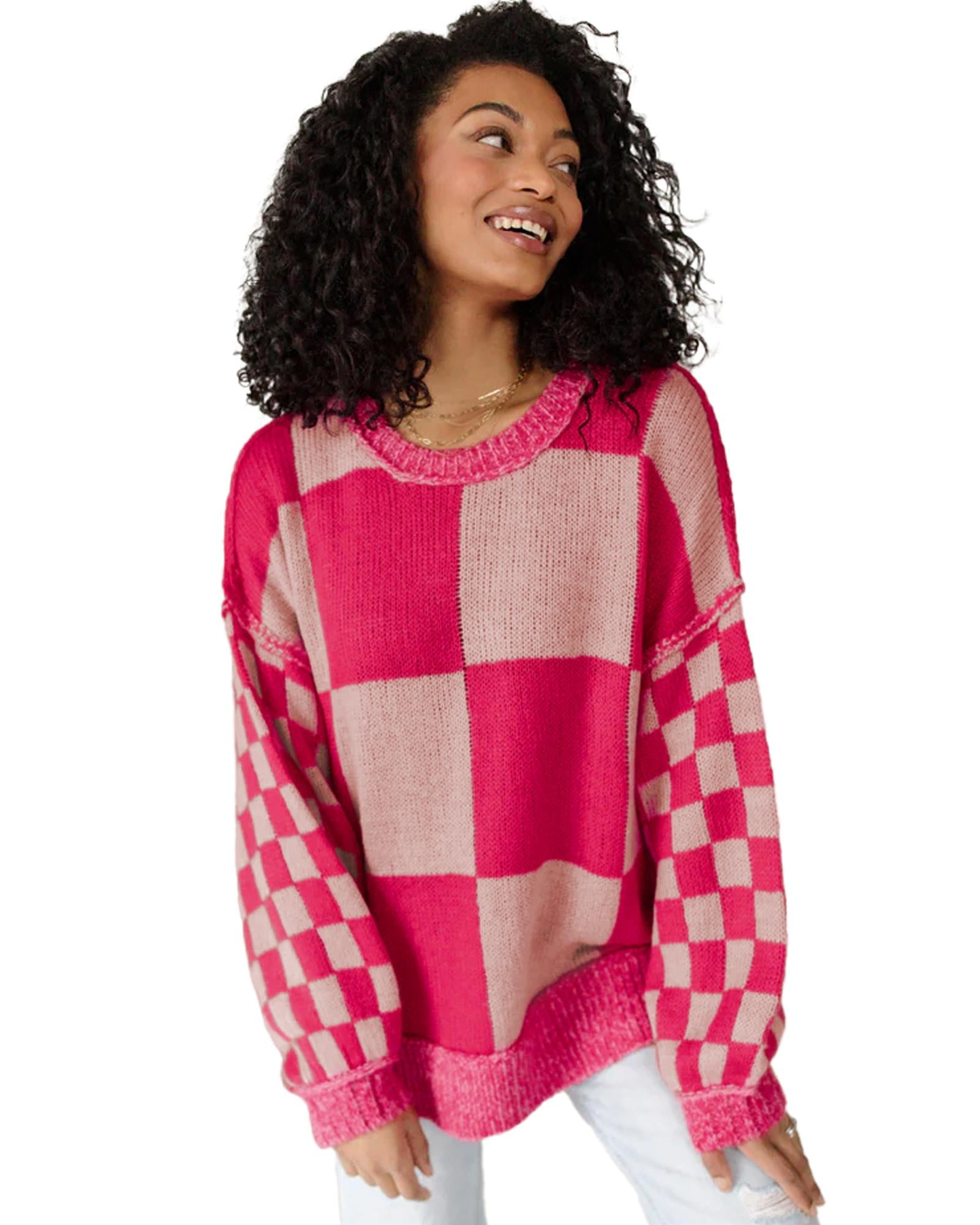 Rose Red Mixed Checkered Pattern Drop Shoulder Loose Sweater - S