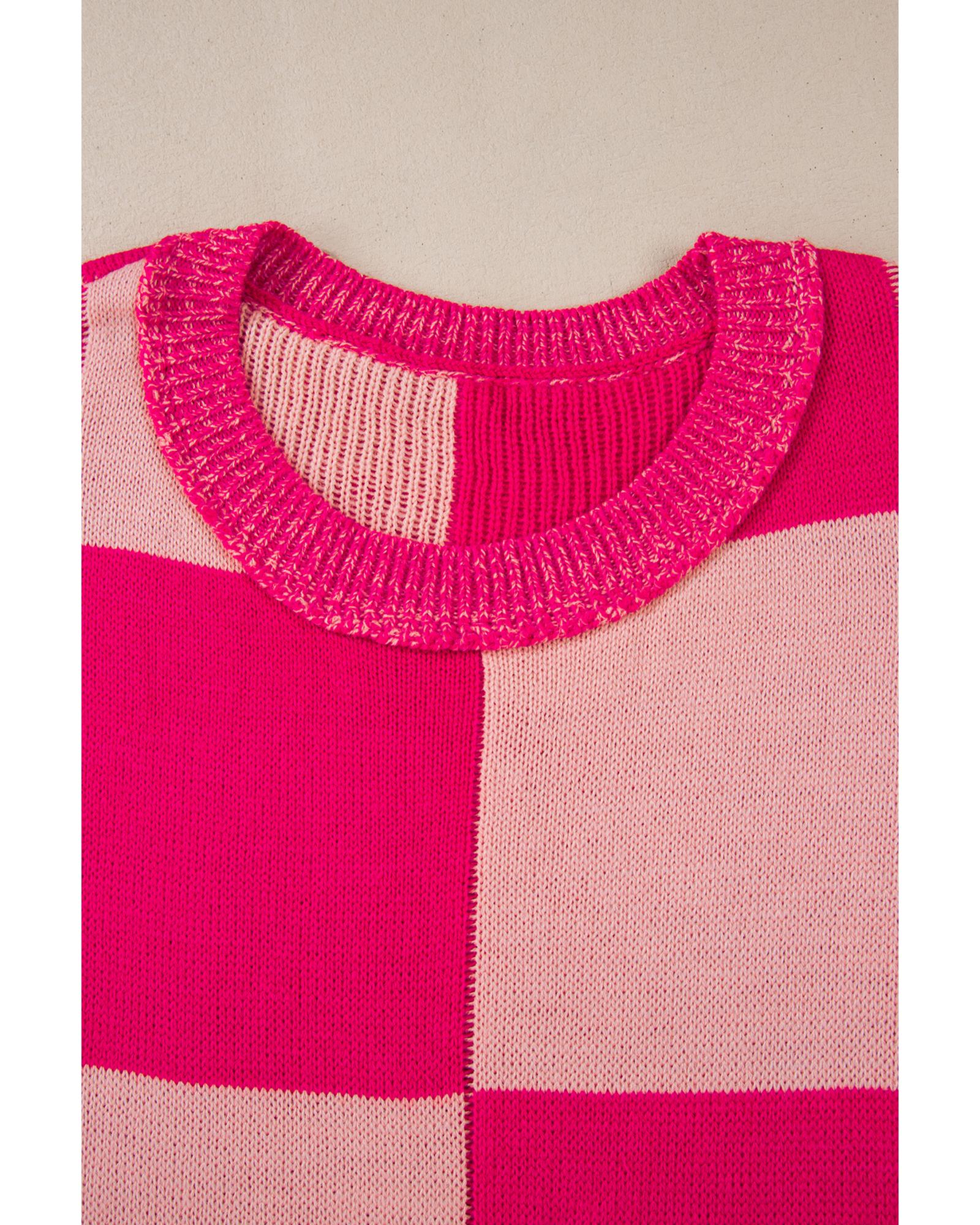 Rose Red Mixed Checkered Pattern Drop Shoulder Loose Sweater - XL