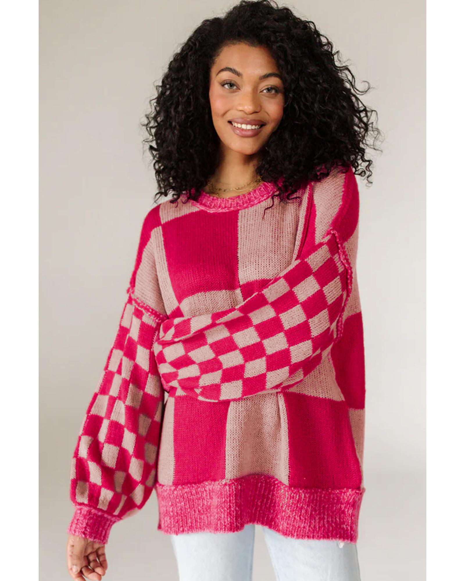 Rose Red Mixed Checkered Pattern Drop Shoulder Loose Sweater - XL