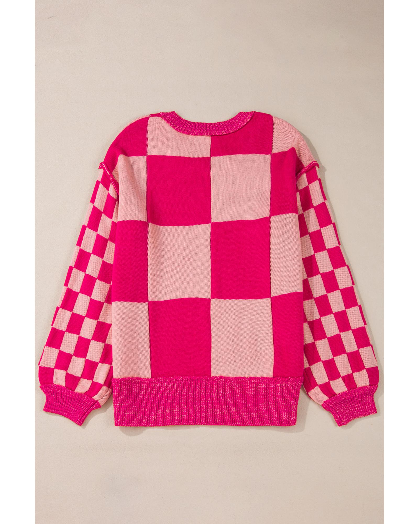 Rose Red Mixed Checkered Pattern Drop Shoulder Loose Sweater - XL