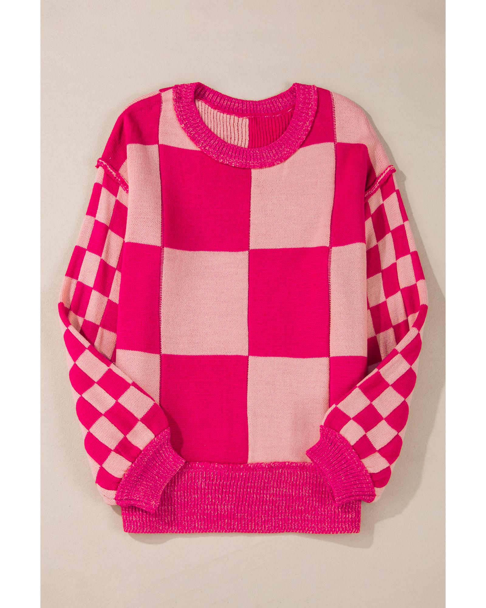 Rose Red Mixed Checkered Pattern Drop Shoulder Loose Sweater - XL