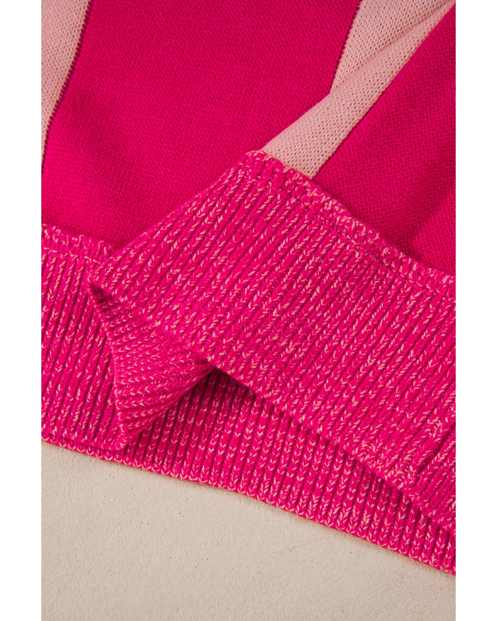 Rose Red Mixed Checkered Pattern Drop Shoulder Loose Sweater - XL