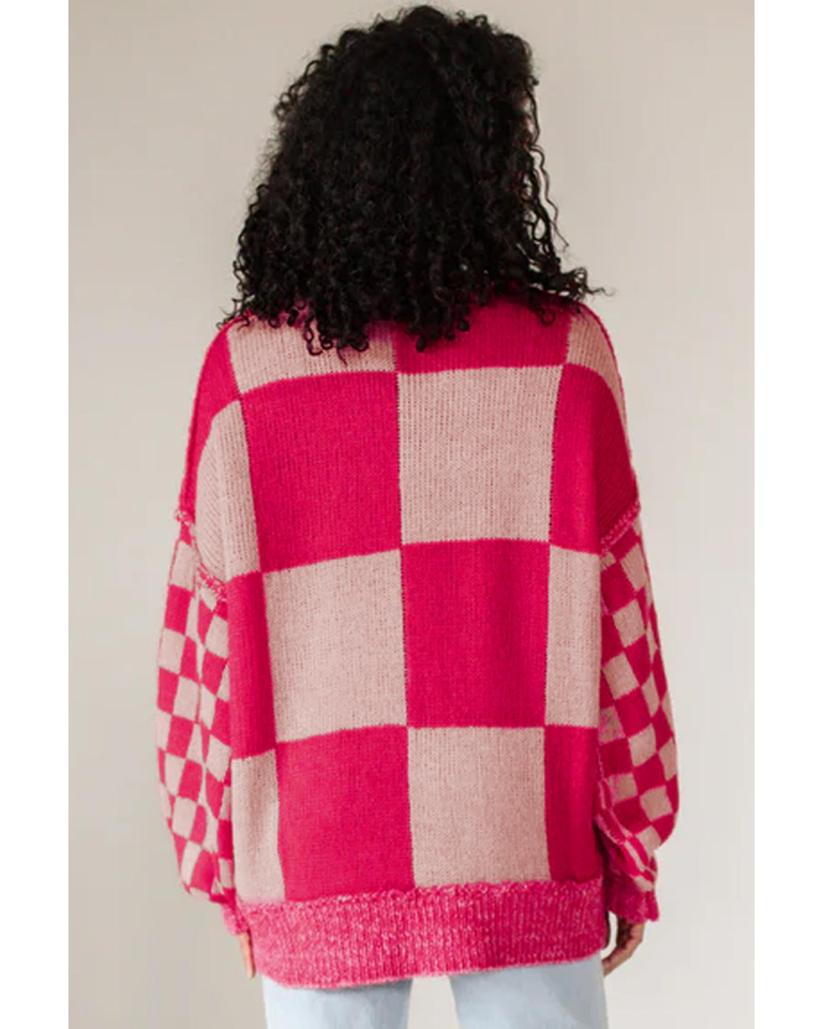 Rose Red Mixed Checkered Pattern Drop Shoulder Loose Sweater - XL