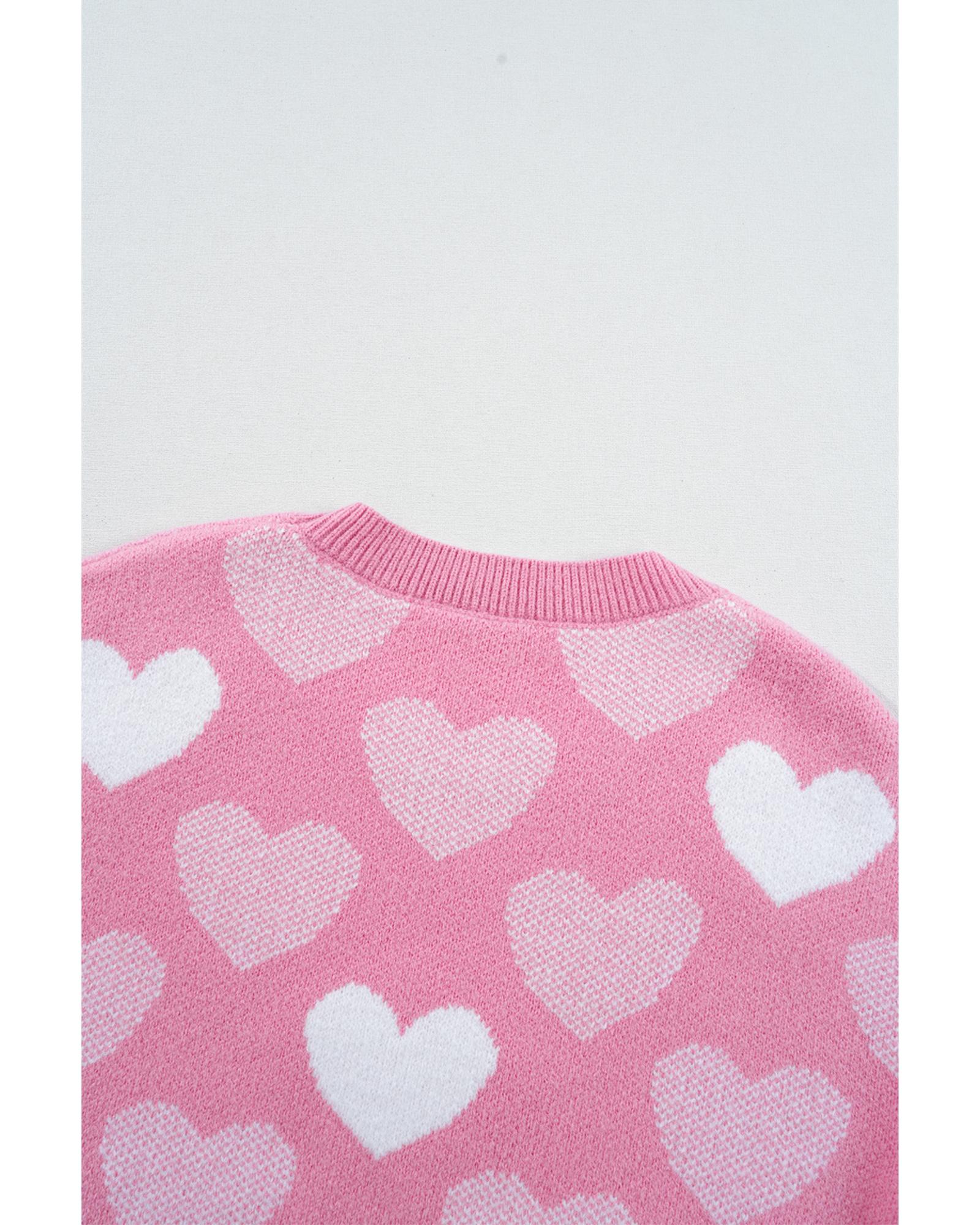 Pink Pearled Heart Print Valentines Crew Neck Sweater - S