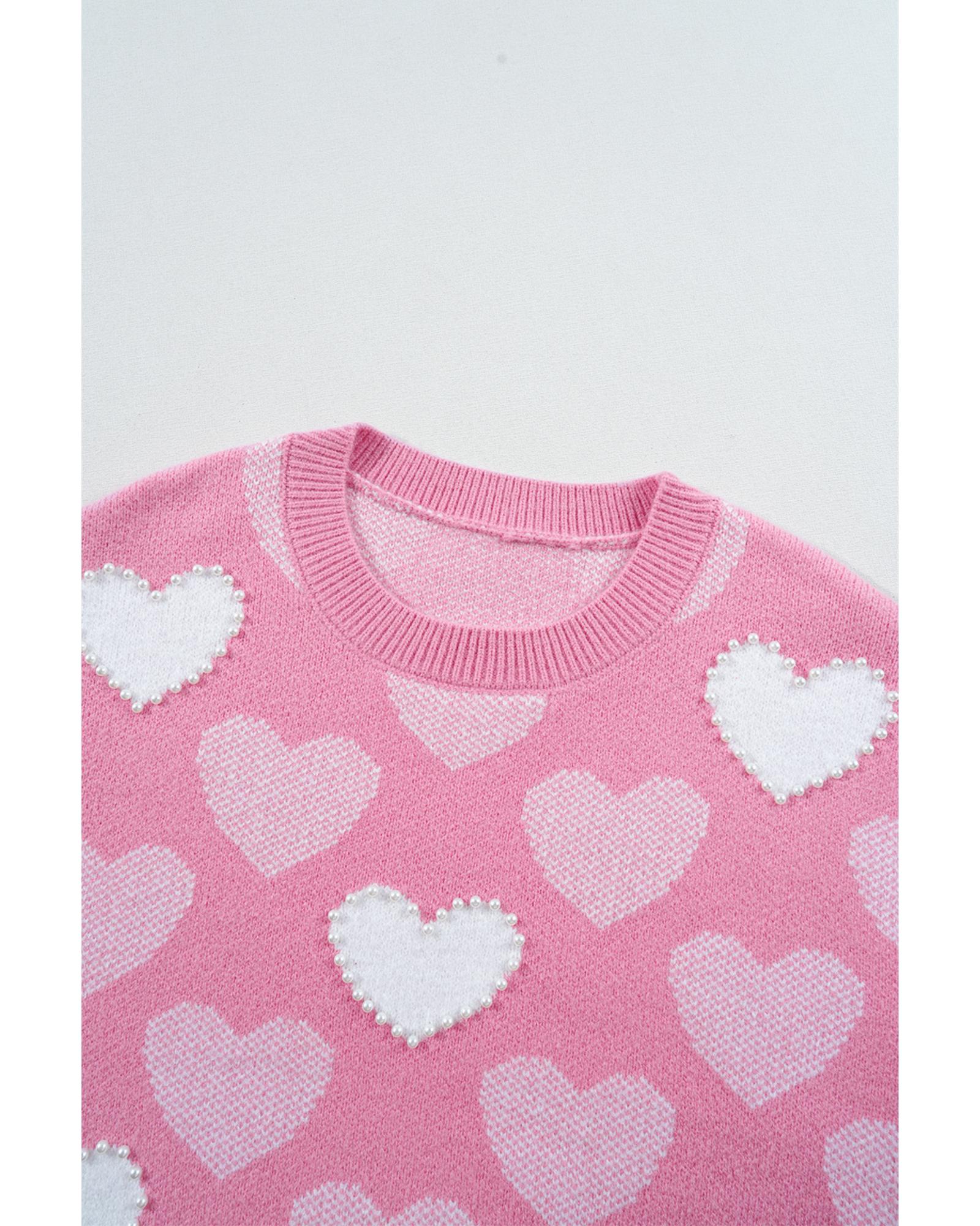 Pink Pearled Heart Print Valentines Crew Neck Sweater - S
