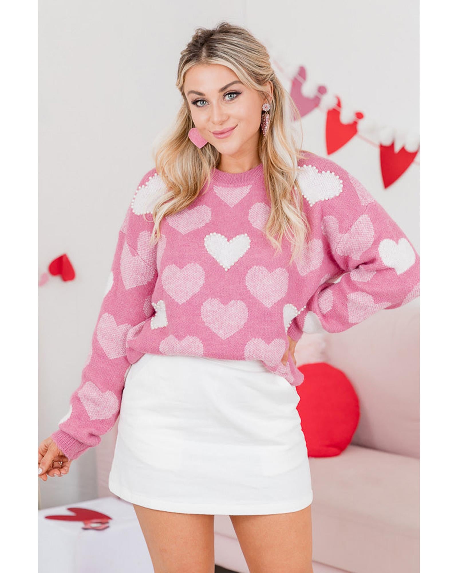 Pink Pearled Heart Print Valentines Crew Neck Sweater - S