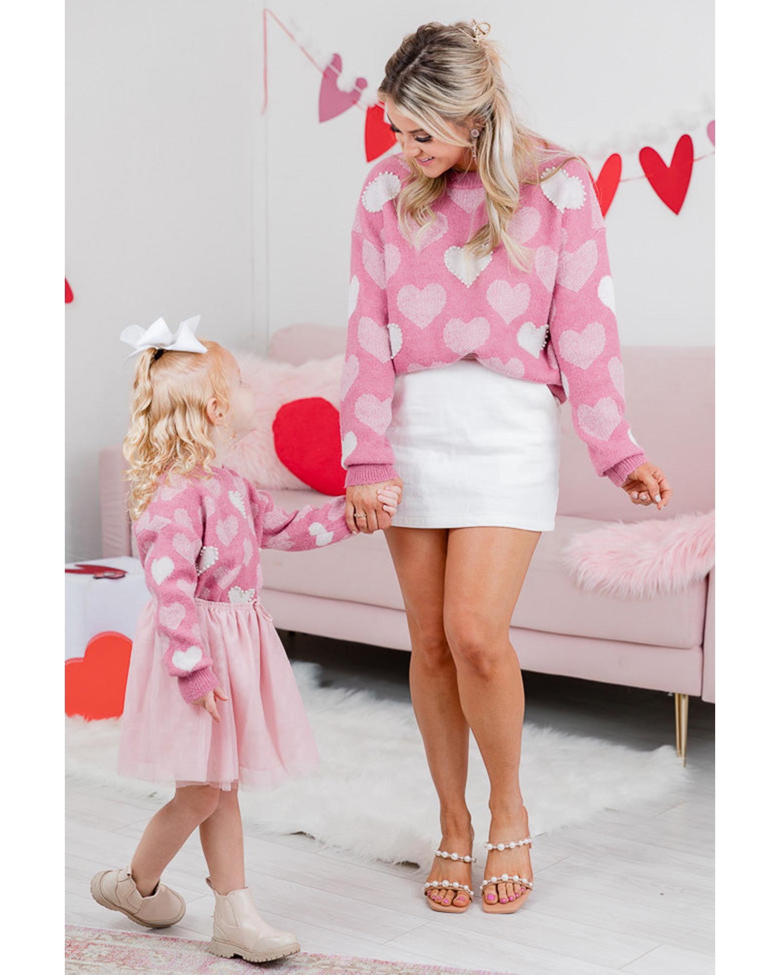 Pink Pearled Heart Print Valentines Crew Neck Sweater - XL