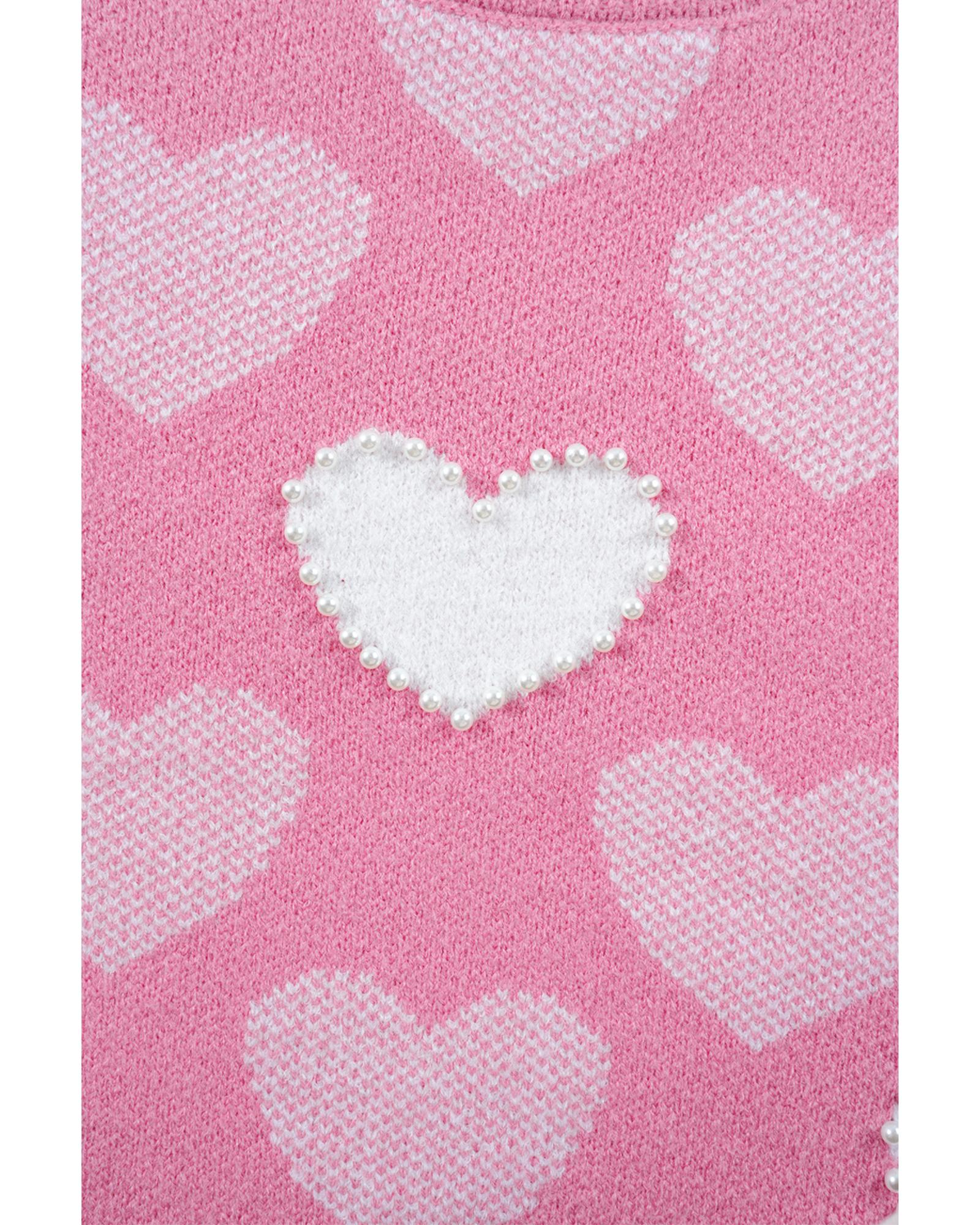 Pink Pearled Heart Print Valentines Crew Neck Sweater - XL
