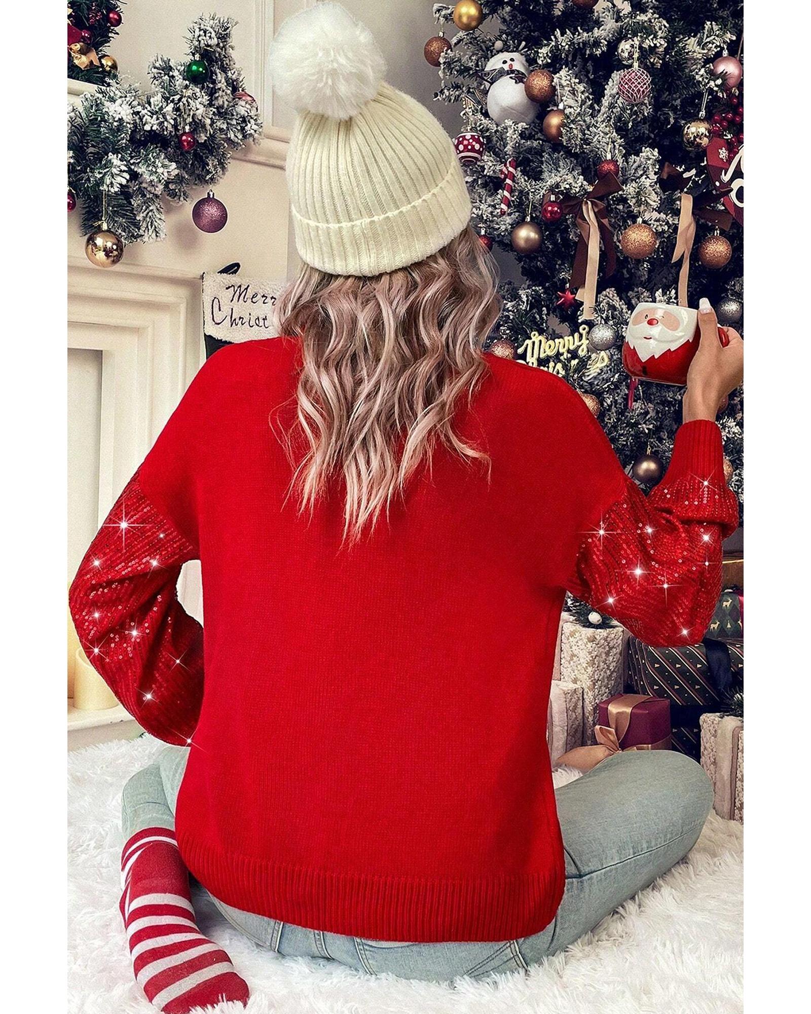 Racing Red Merry Graphic Sequin Sleeves Christmas Turtleneck Sweater - L