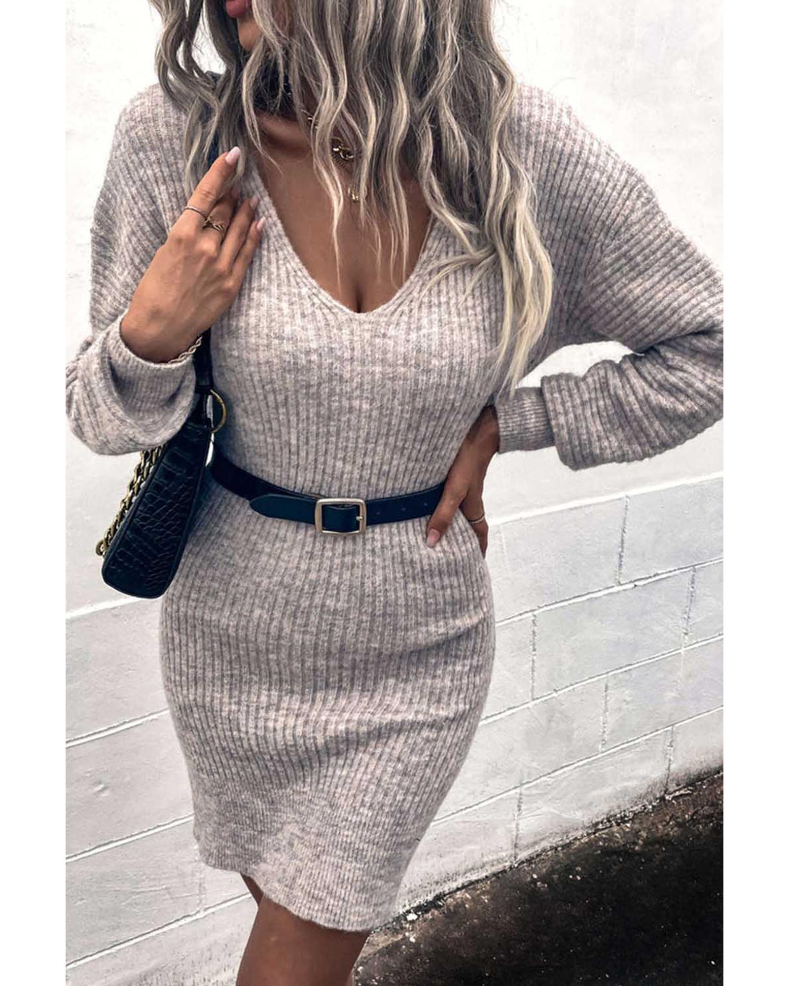 Gray V Neck Bodycon Sweater Dress - L