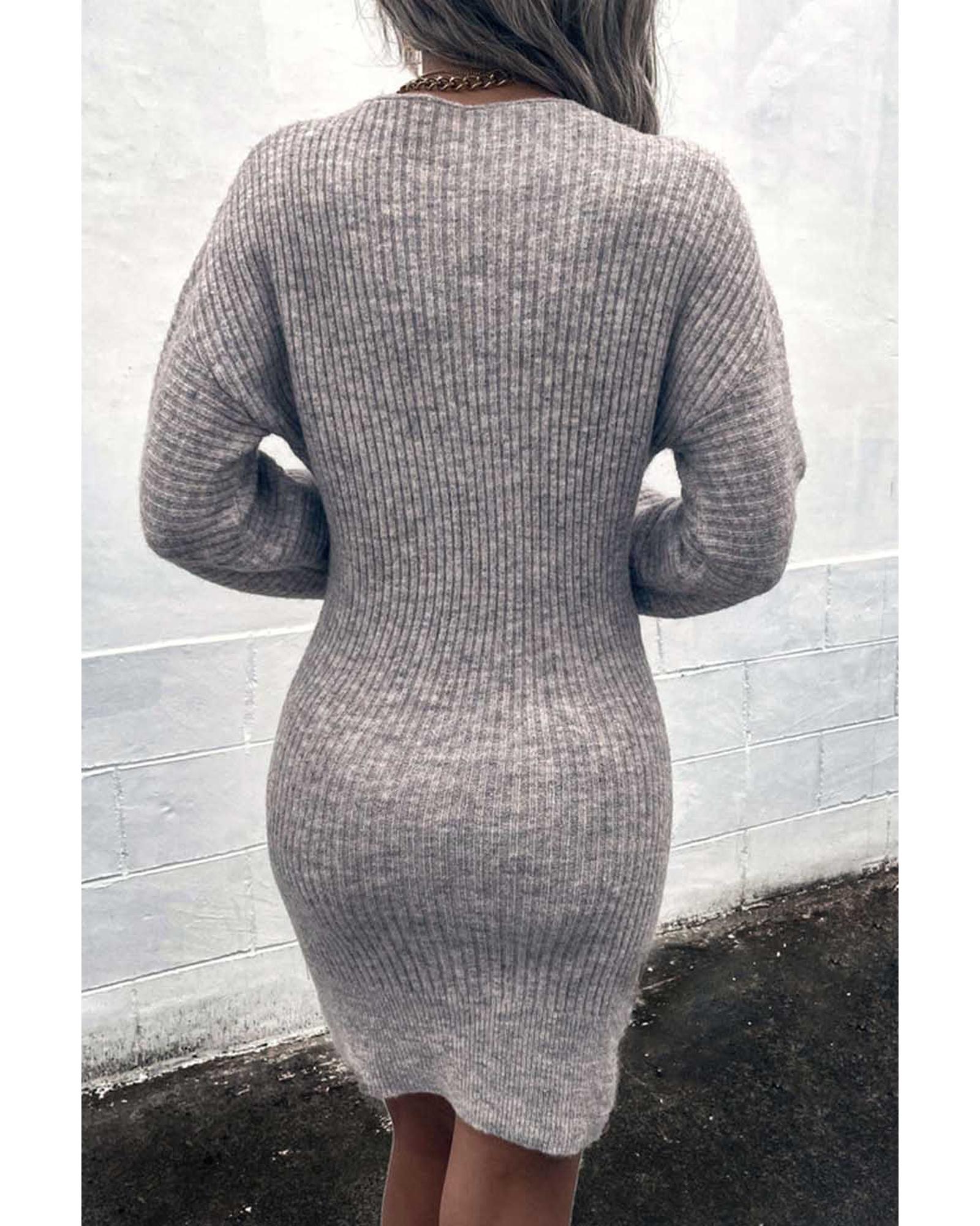 Gray V Neck Bodycon Sweater Dress - M