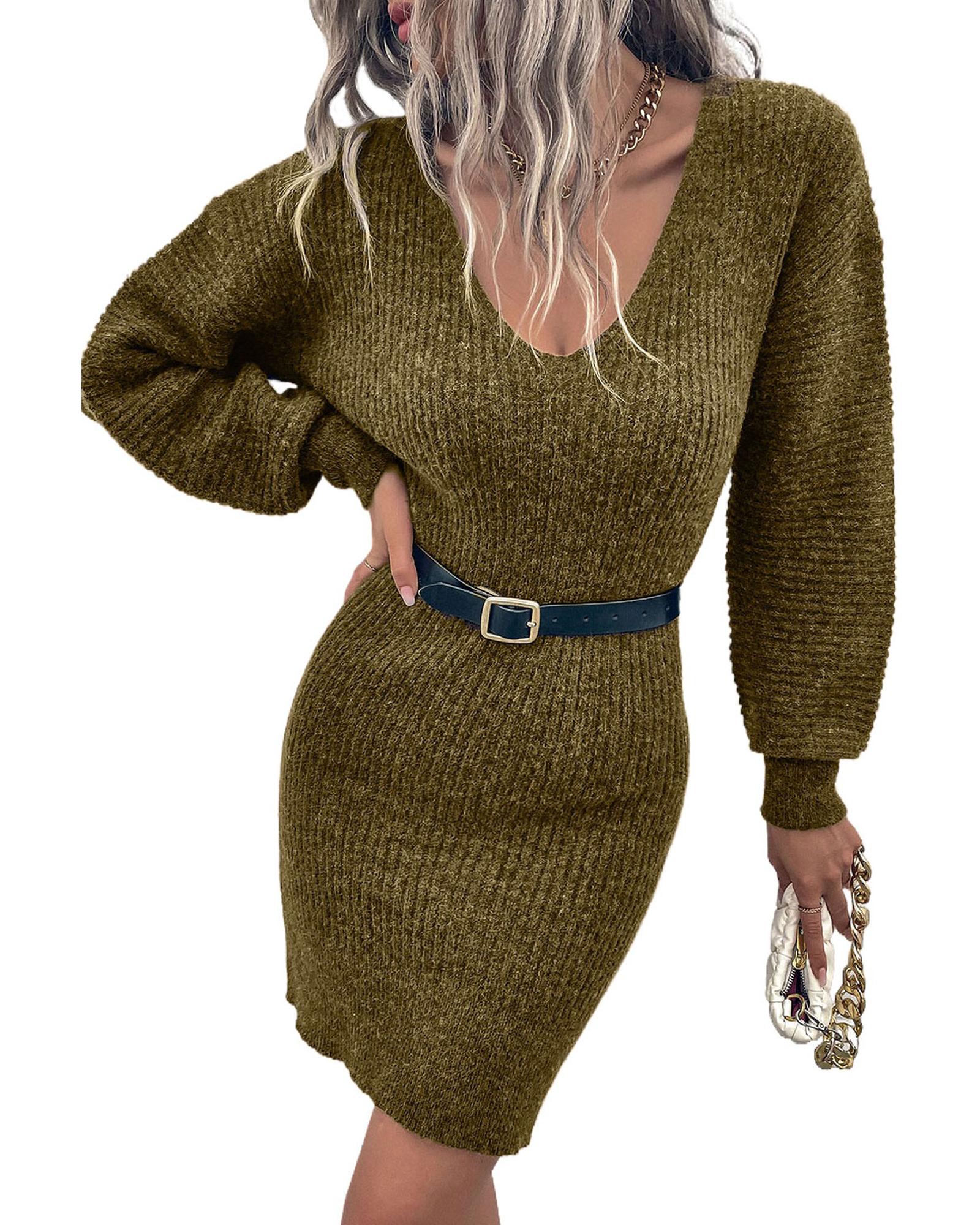 Green V Neck Bodycon Sweater Dress - L