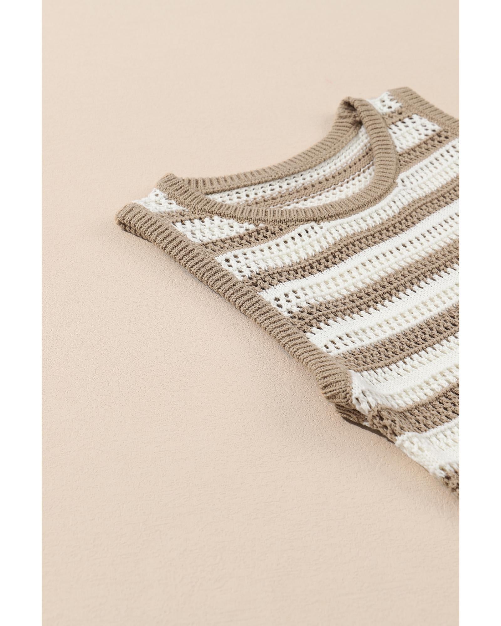 Khaki Stripe Hollowed Knit Sleeveless Sweater Dress - M