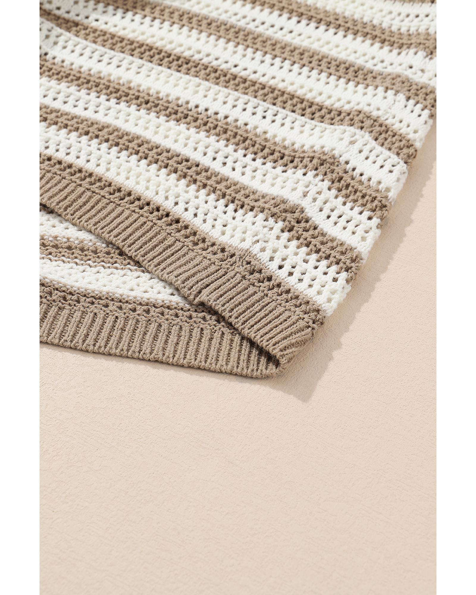 Khaki Stripe Hollowed Knit Sleeveless Sweater Dress - M