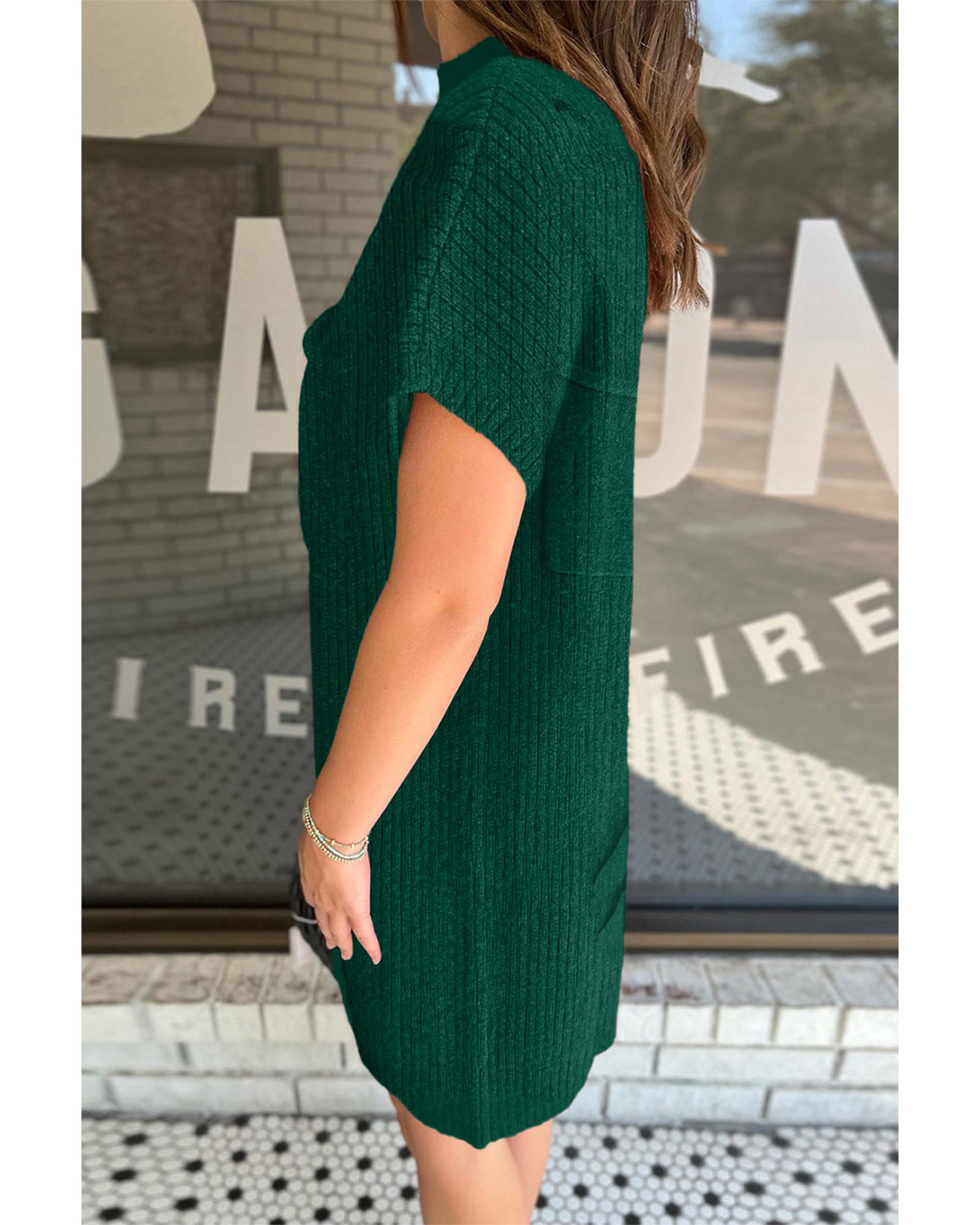 Blackish Green Patch Pocket Ribbed Knit Short Sleeve Sweater Dress - S