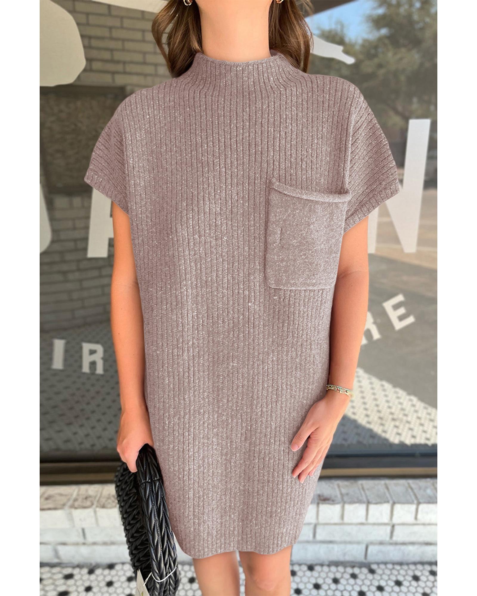 Simply Taupe Patch Pocket Ribbed Knit Short Sleeve Sweater Dress - M