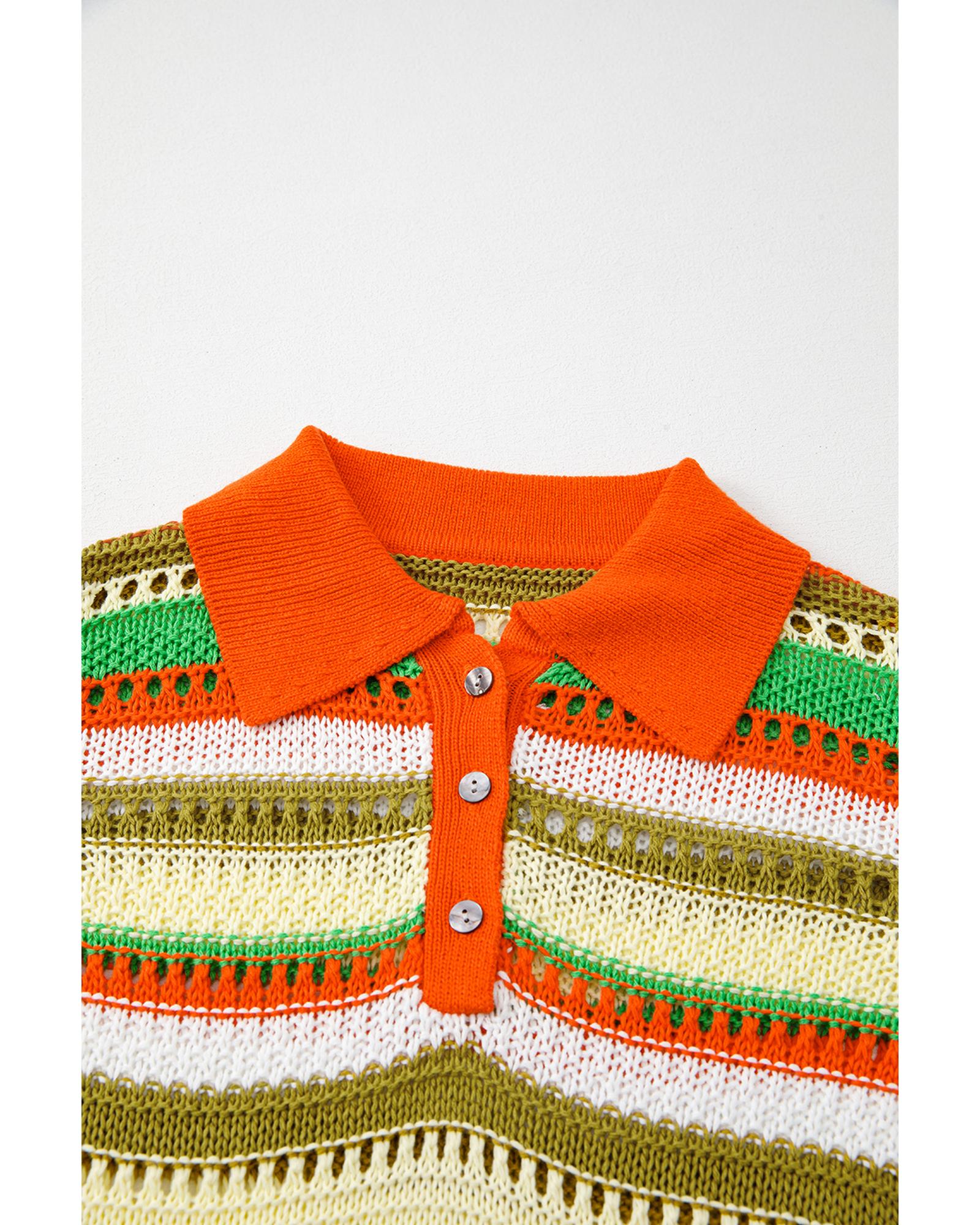 Yellow Stripe Eyelet Sleeveless Buttoned Split Neck Sweater Dress - M