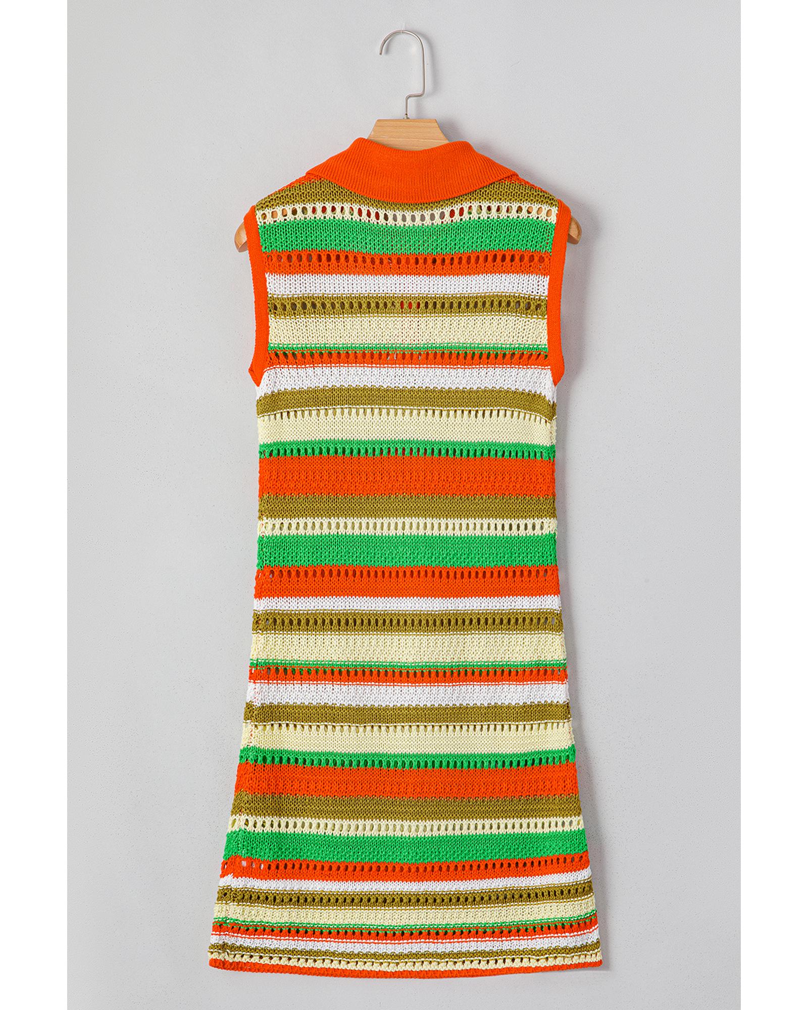 Yellow Stripe Eyelet Sleeveless Buttoned Split Neck Sweater Dress - S
