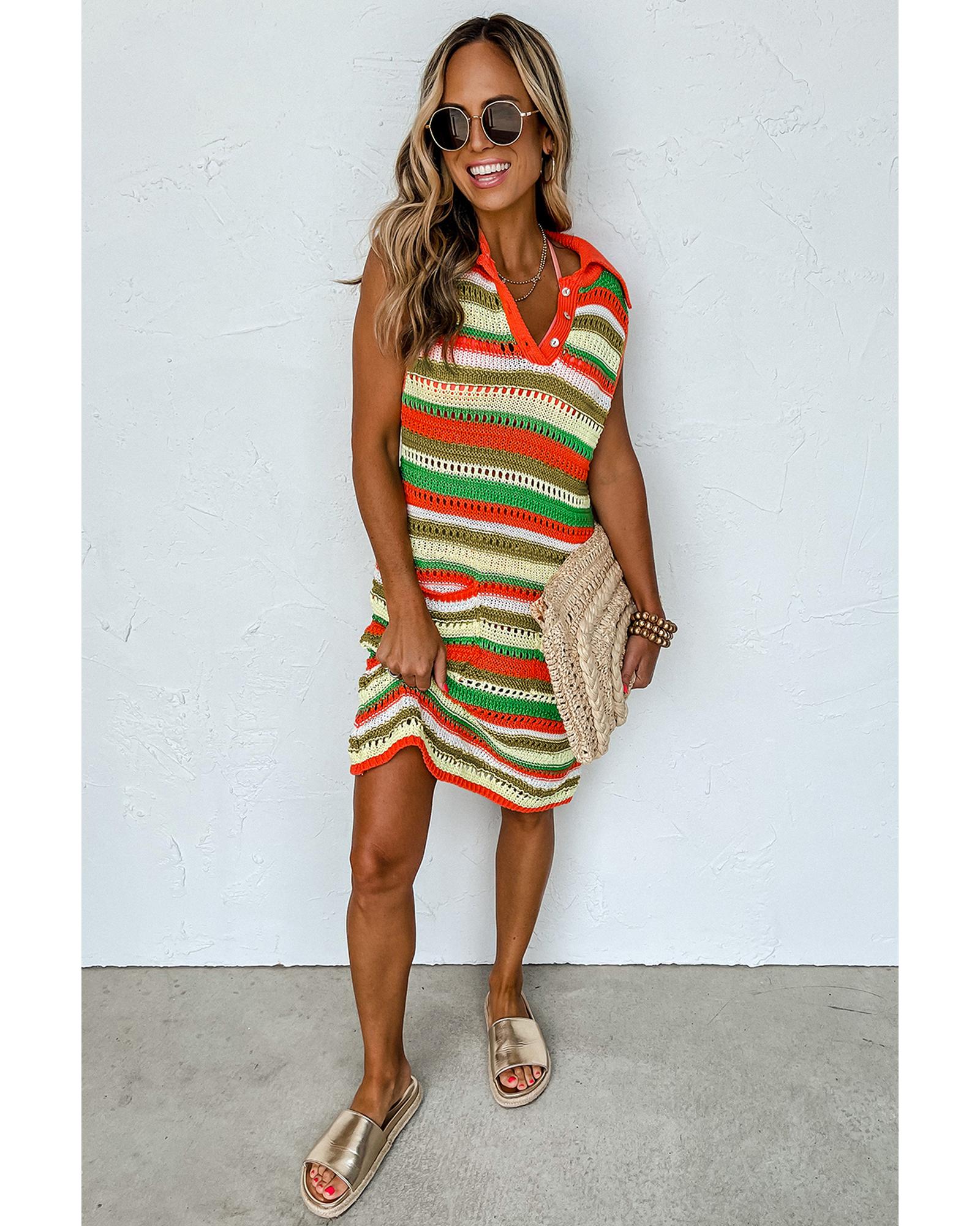 Yellow Stripe Eyelet Sleeveless Buttoned Split Neck Sweater Dress - XL