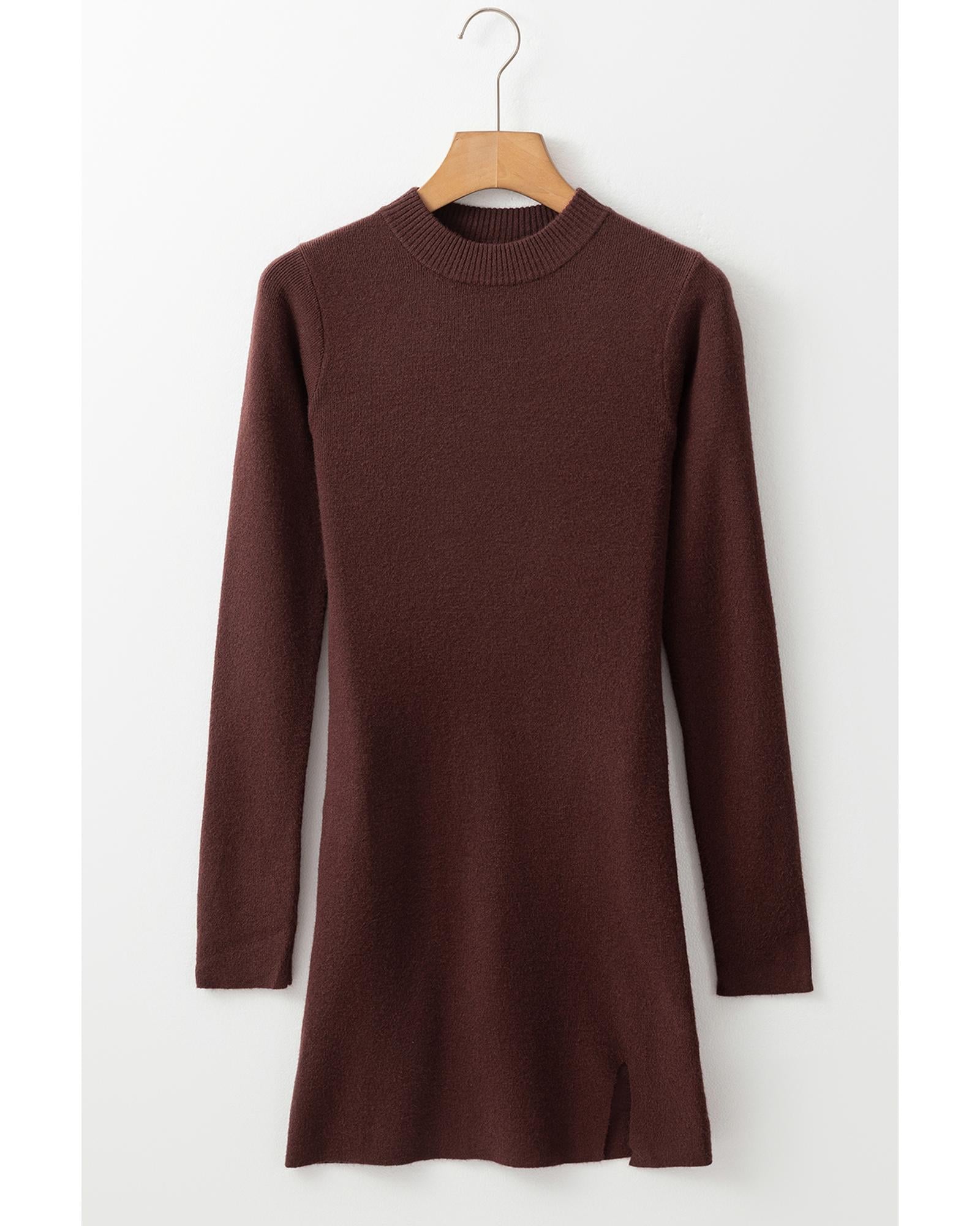 Coffee Slim Fit Mock Neck Side Slit Sweater Dress - L
