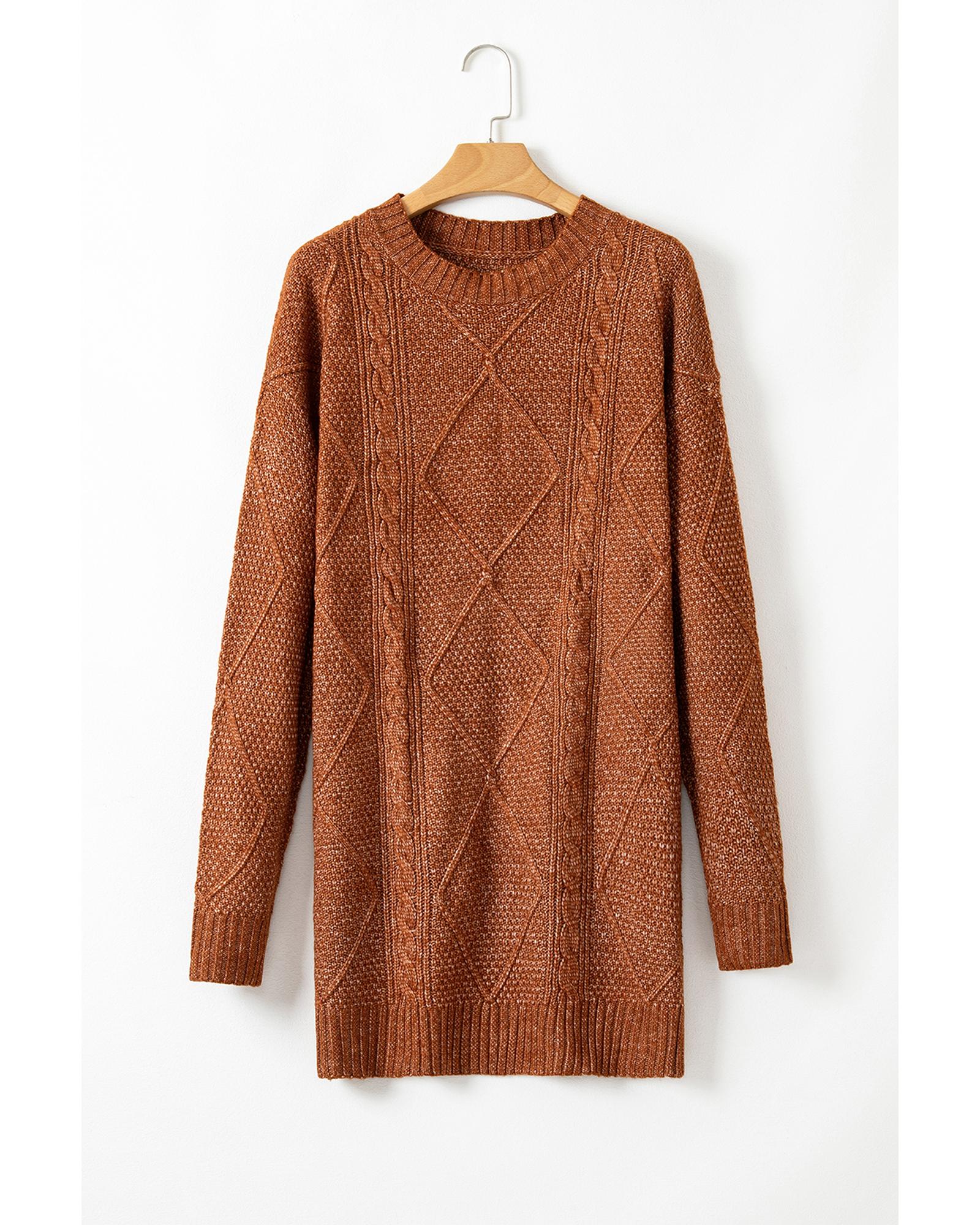 Coffee Cable Knit Drop Shoulder Loose Fit Sweater Dress - L