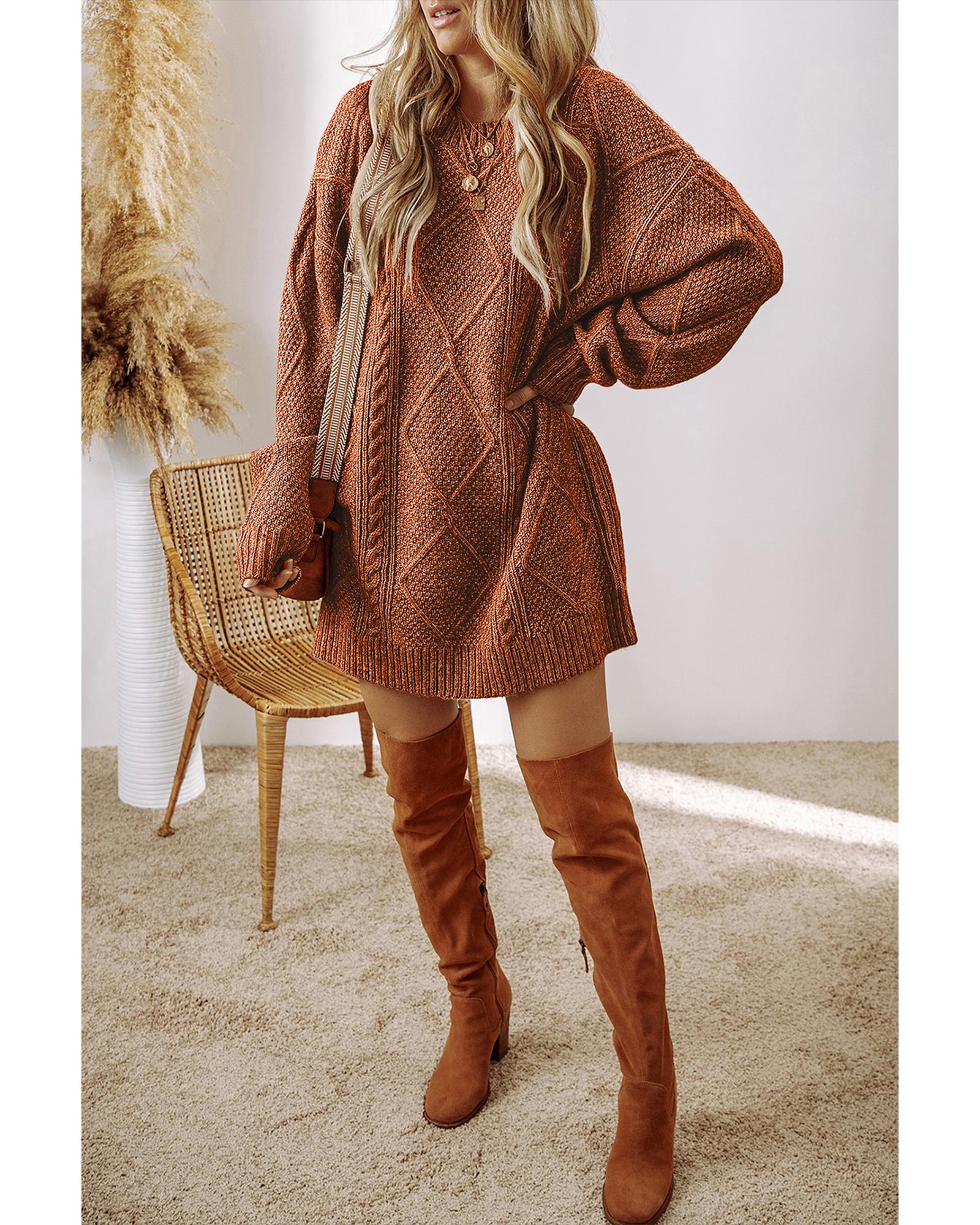 Coffee Cable Knit Drop Shoulder Loose Fit Sweater Dress - XL